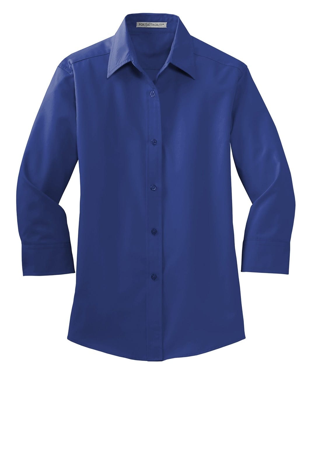 A blue ladies' 3/4-sleeve button-up shirt with a collar and a logo. Smooth, easy-care fabric.