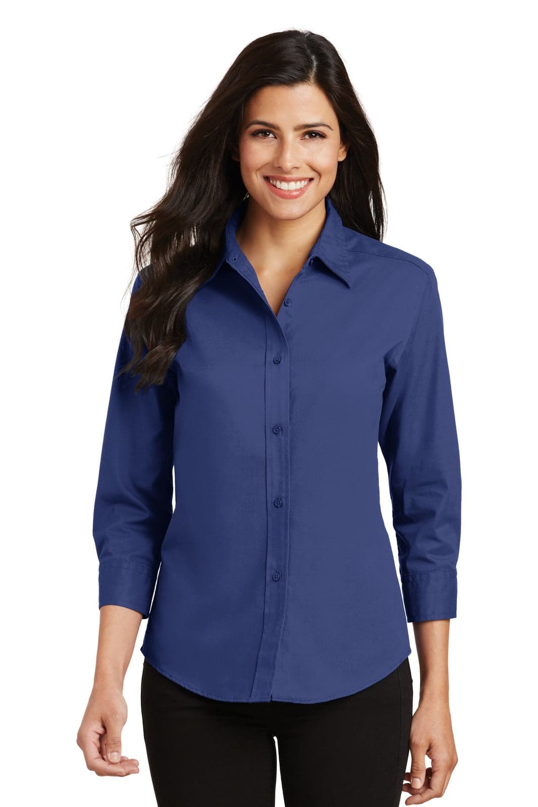 A navy blue button-up shirt with 3/4 sleeves and a collar, featuring a logo.