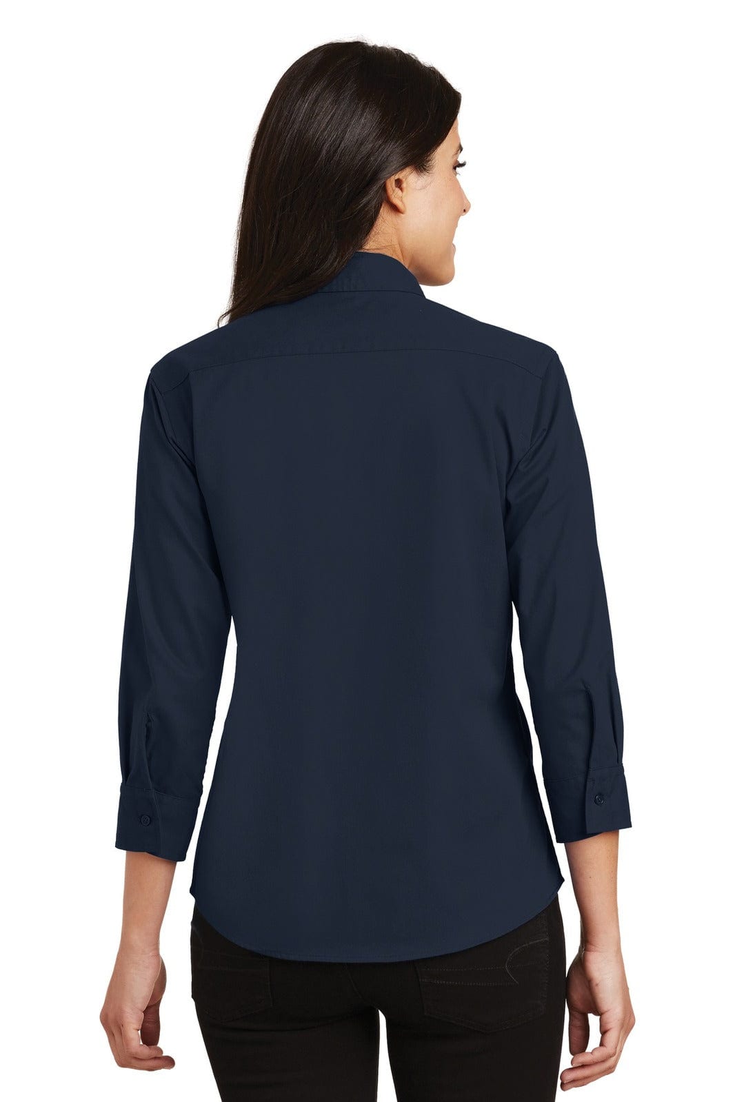 A navy blue ladies' 3/4-sleeve button-up shirt featuring a back view with a subtle logo.