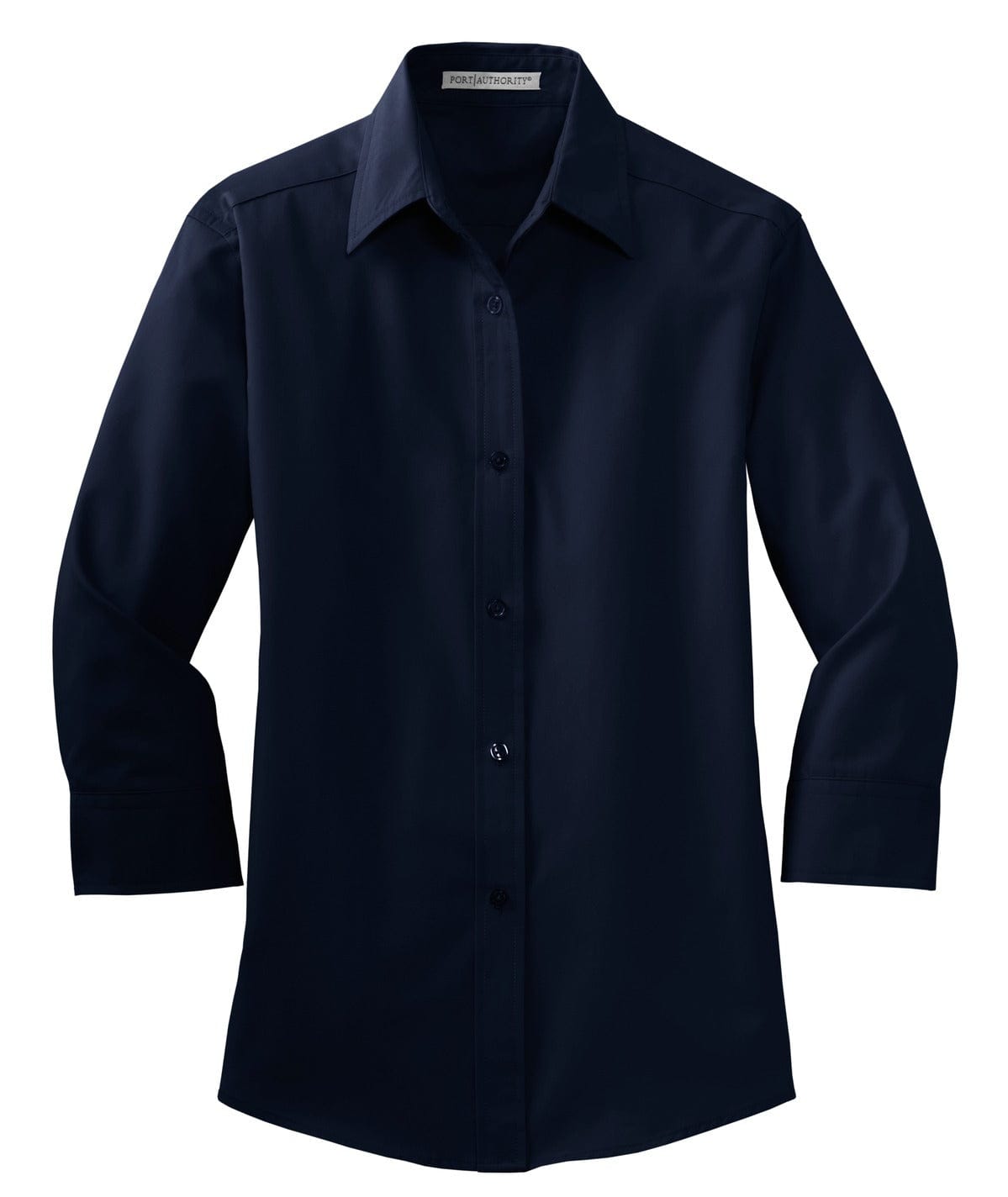 A navy blue button-up shirt with 3/4 sleeves and a collar. It features a logo on the chest area.