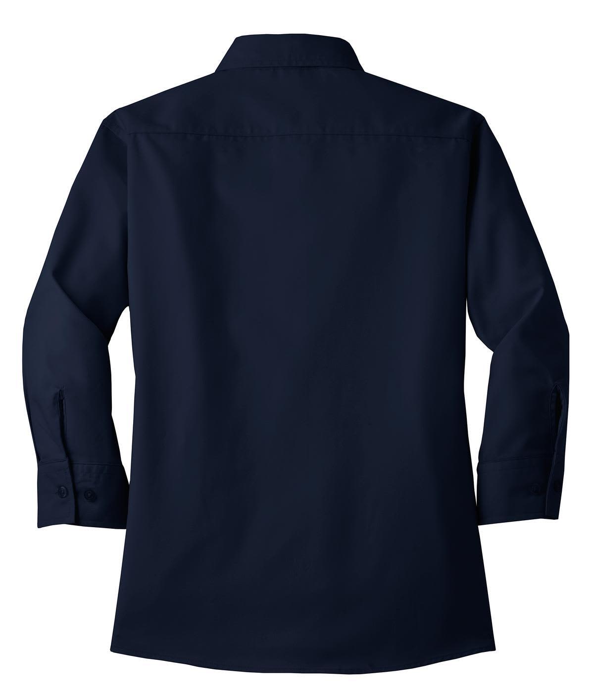 A navy button-up shirt with 3/4 sleeves and a collar, featuring a logo on the back.