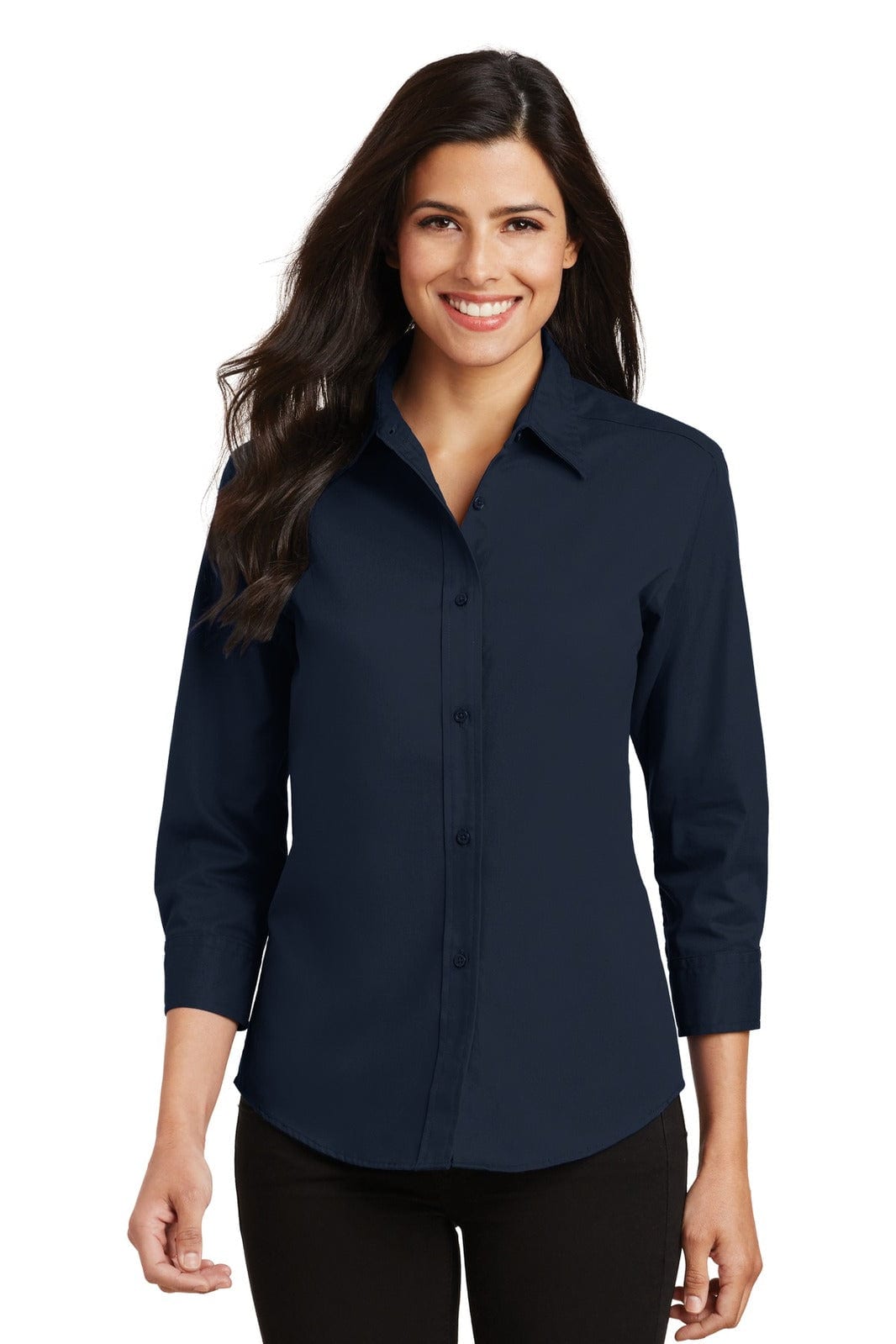 A navy blue button-up shirt with 3/4 sleeves and a collar, featuring a logo on the chest.