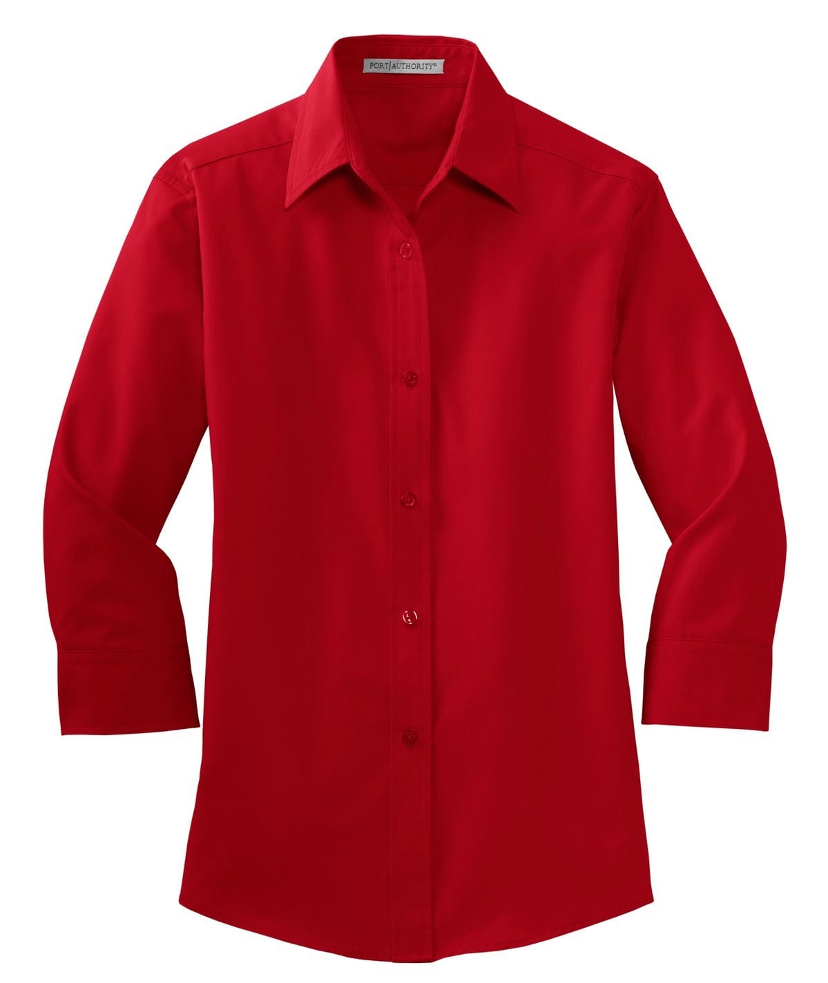 A red 3/4-sleeve button-up shirt with a collar and a logo on the chest.