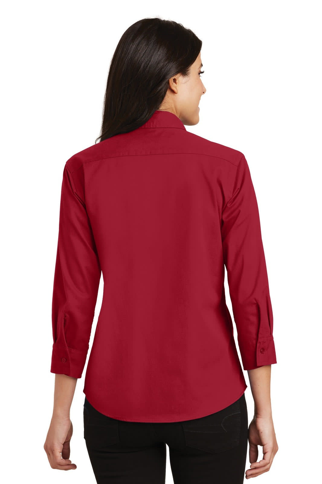 A red 3/4-sleeve button-up shirt with a collar, featuring a back view and a branded logo.