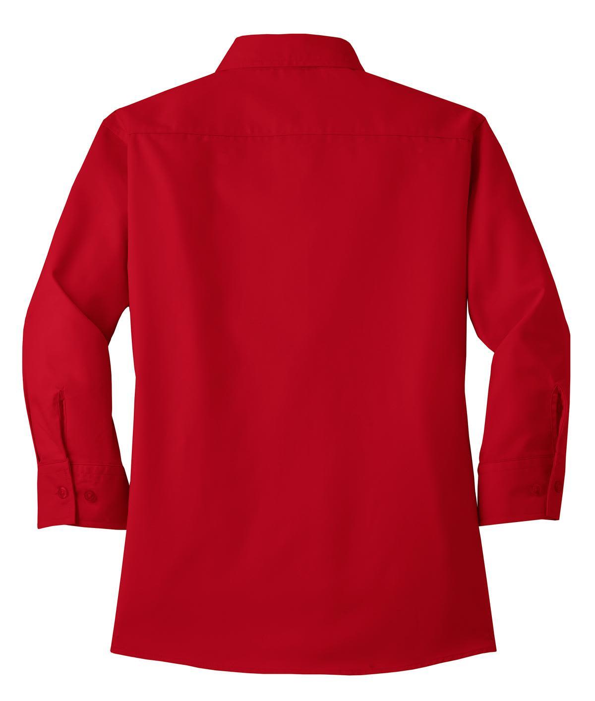 A red button-up shirt with 3/4 sleeves and a back view, featuring a collar and button details. It includes a logo.