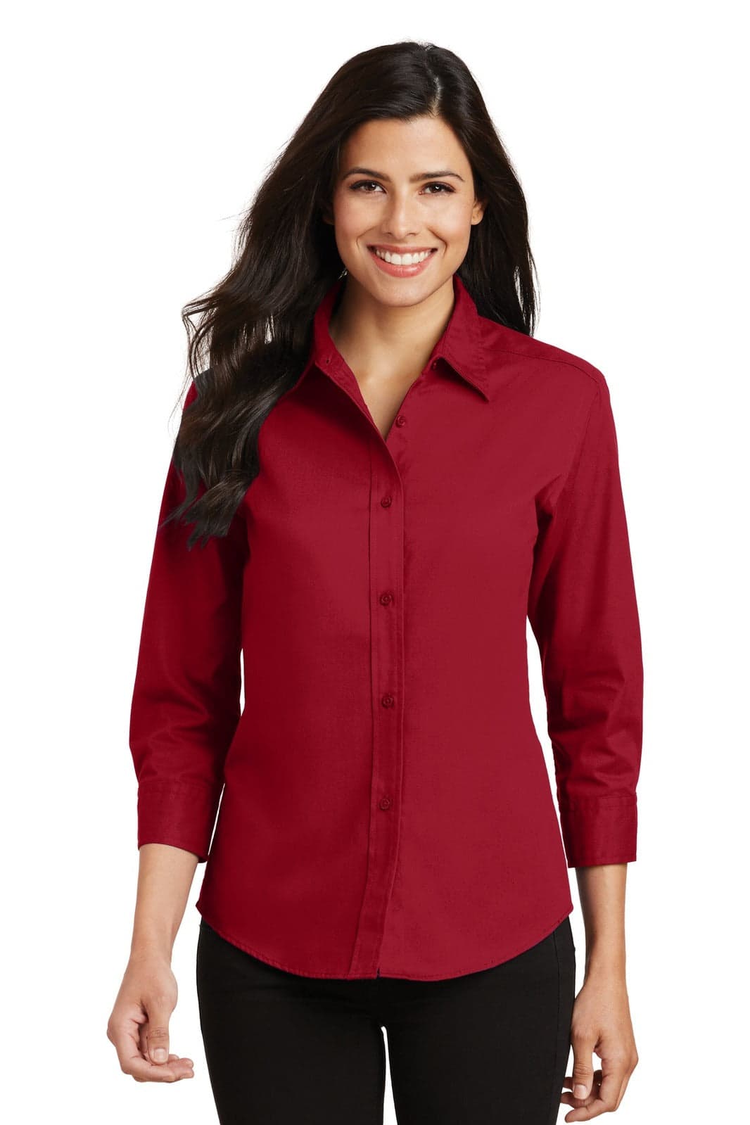 A red 3/4-sleeve button-up shirt featuring a classic collar and a fitted design, with a logo on the chest.