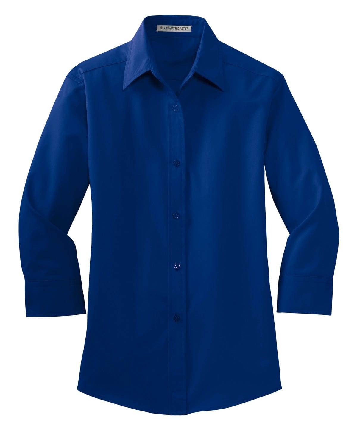 A blue button-up shirt with long sleeves and a collar, featuring a logo on the chest.