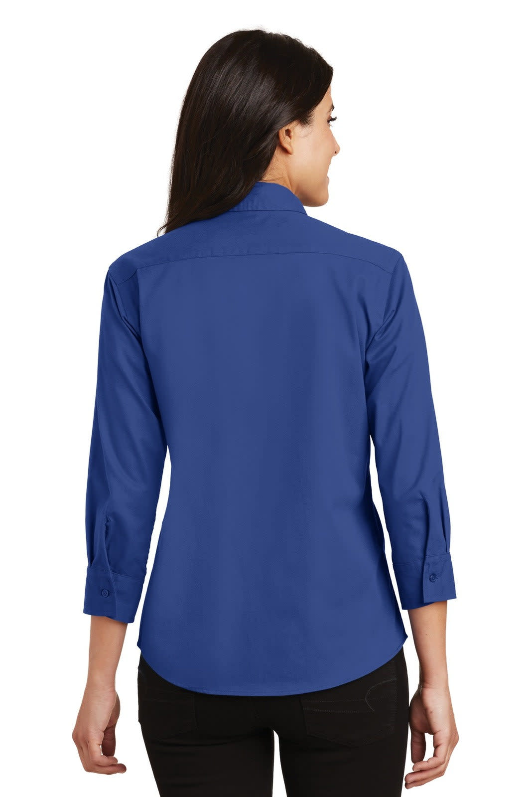 A women's 3/4-sleeve button-up shirt in a vibrant blue, featuring a back collar and roll-up sleeves.