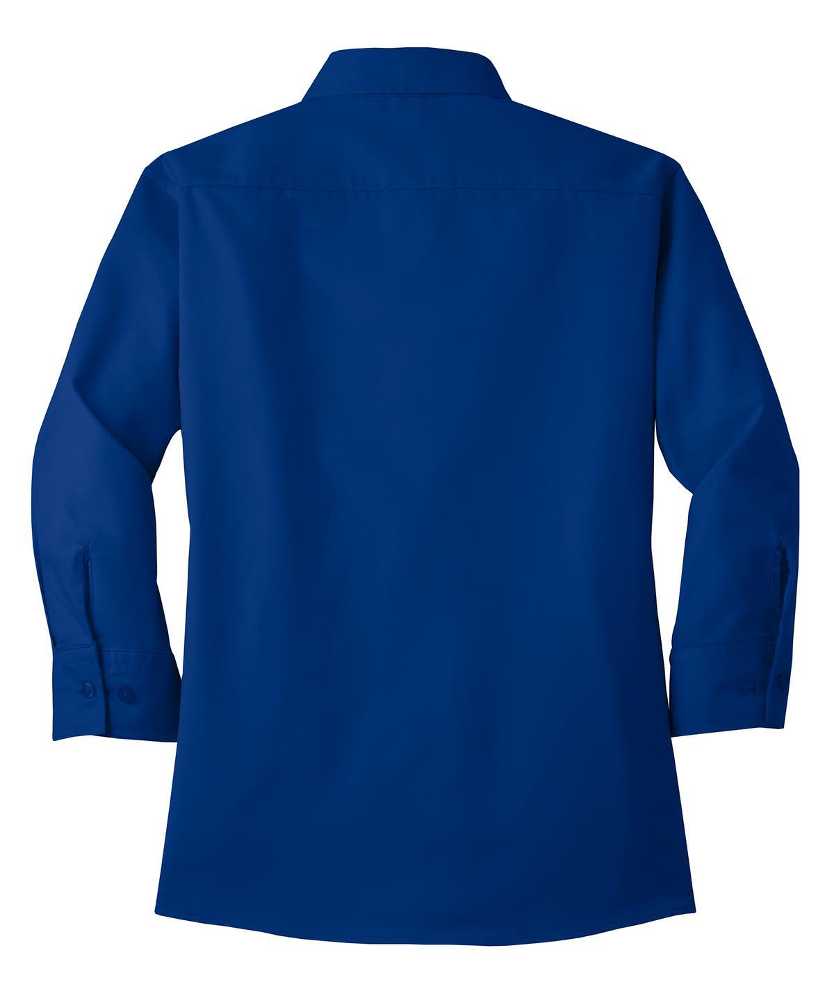 A blue ladies' 3/4-sleeve button-up shirt with a collar and a branded logo on the back.