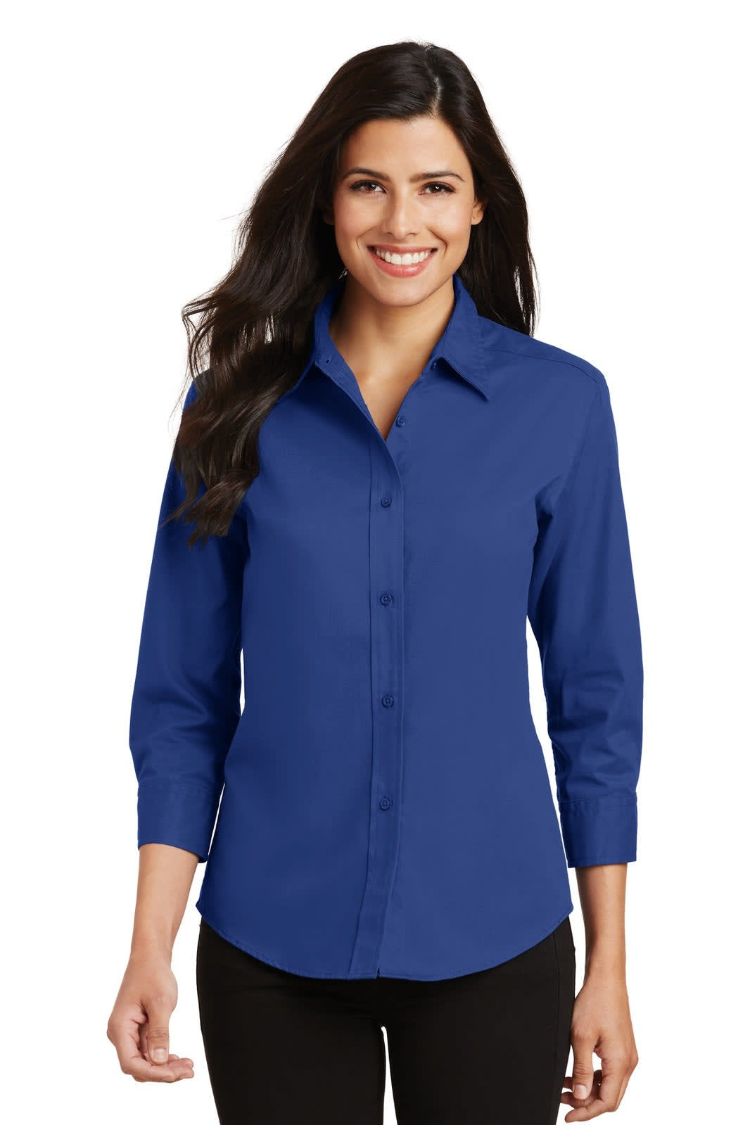 A blue button-up shirt with 3/4 sleeves and a collar, featuring a logo on the chest.