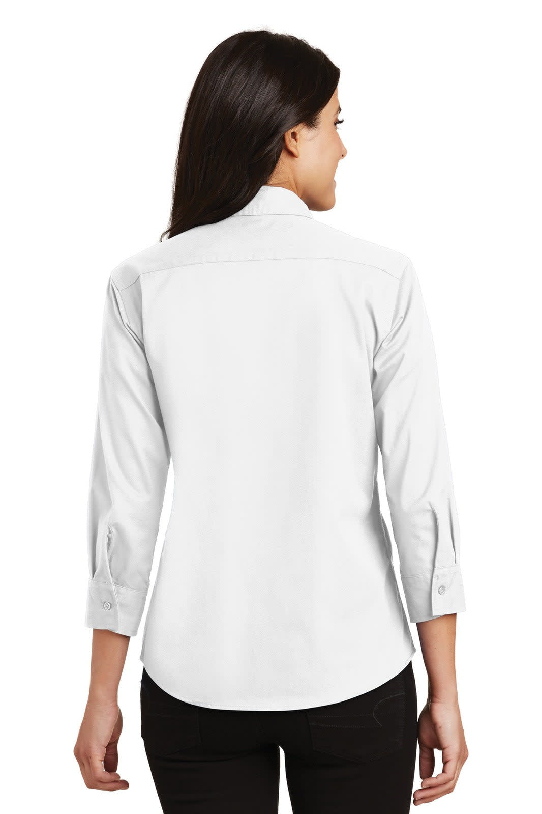 A white 3/4-sleeve button-up shirt for women, featuring a single logo on the back.