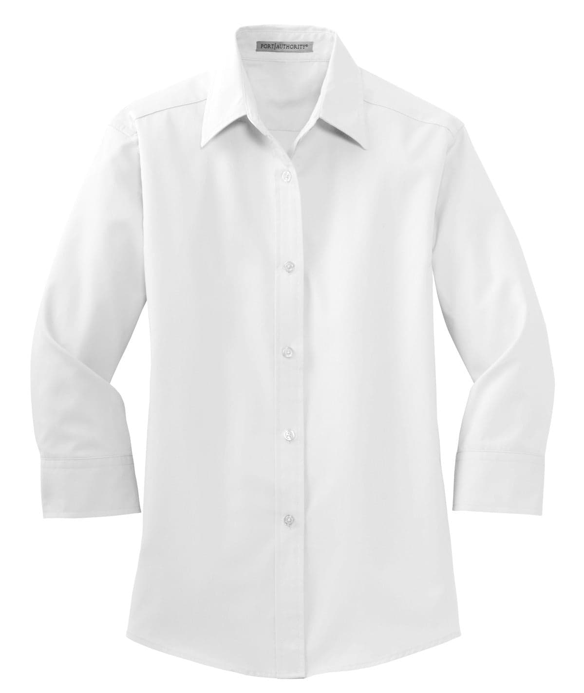 A ladies' button-up shirt in white with 3/4 sleeves and a collared neckline. Features a logo.