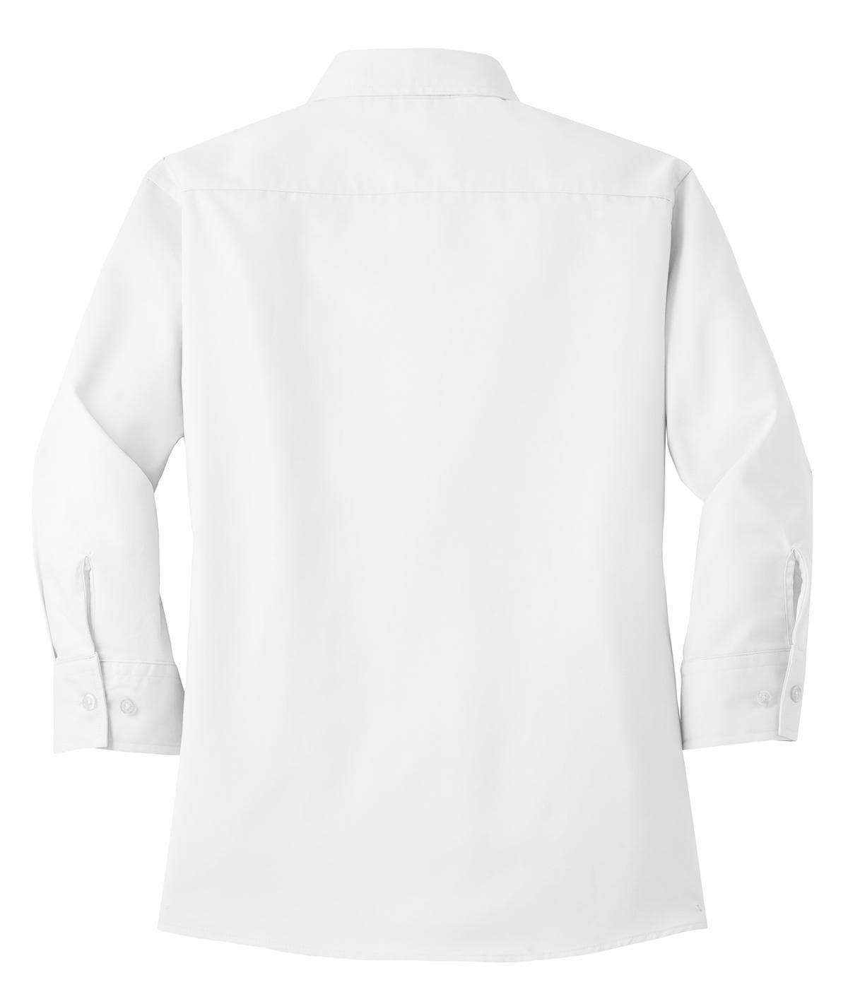 A white ladies' button-up shirt with 3/4 sleeves and a collar, featuring a logo on the back.