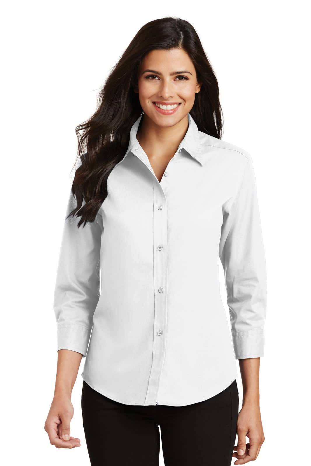 A white 3/4-sleeve button-up shirt for ladies, featuring a collar and a button placket. Includes branding.