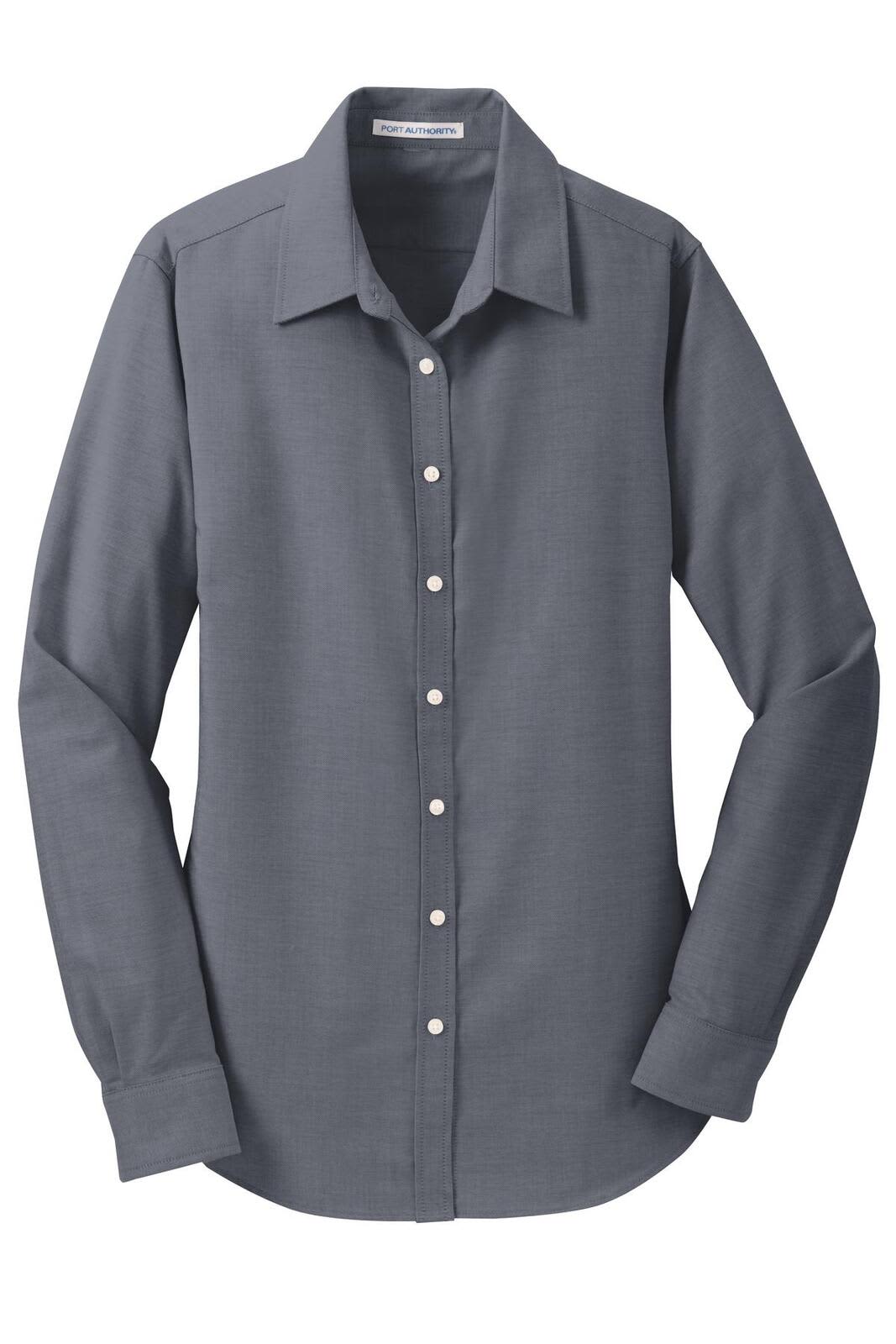 A grey button-up shirt featuring long sleeves and a classic collar, with a logo on the chest.