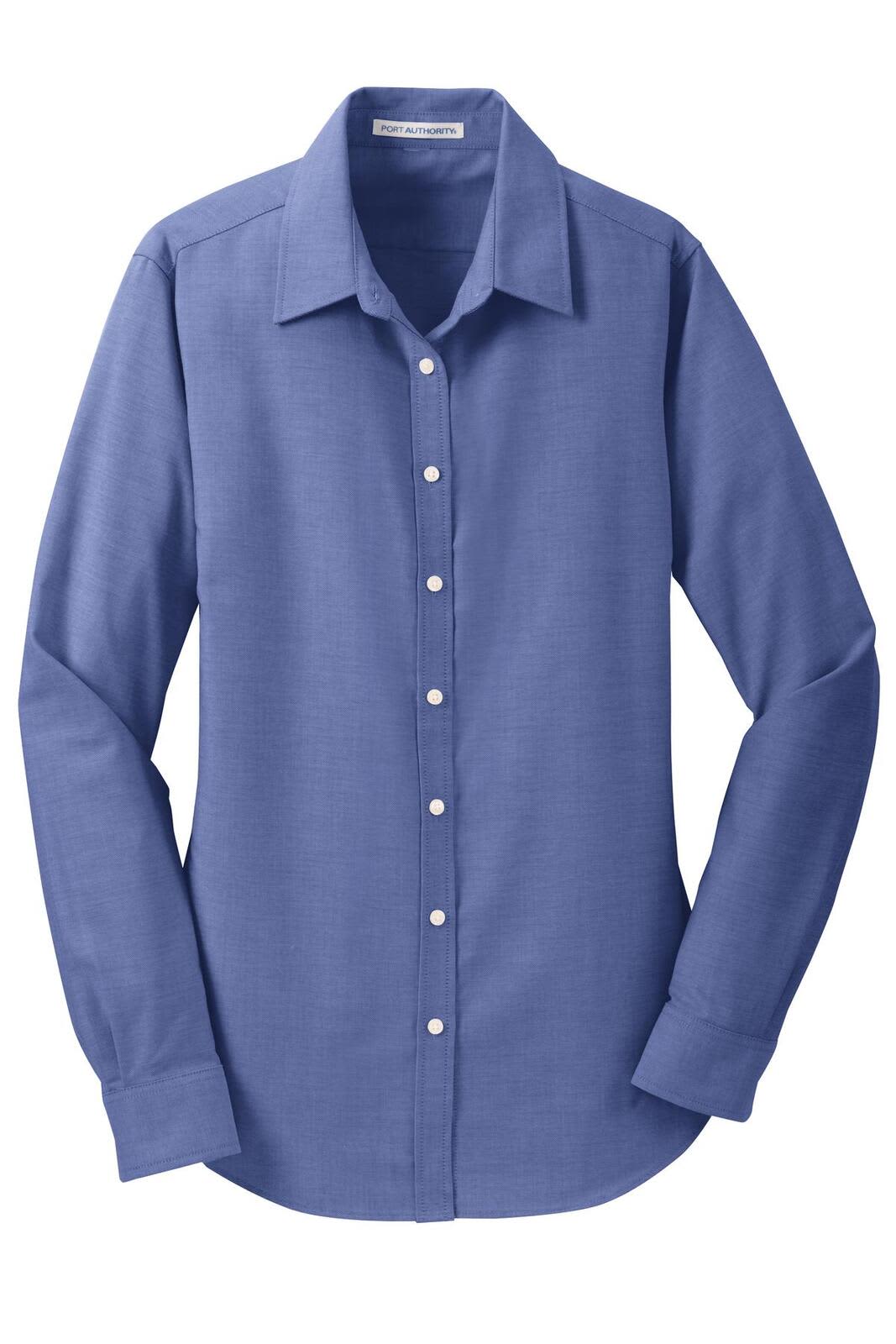A blue women's button-up shirt featuring long sleeves and a collar, with a logo on the chest.