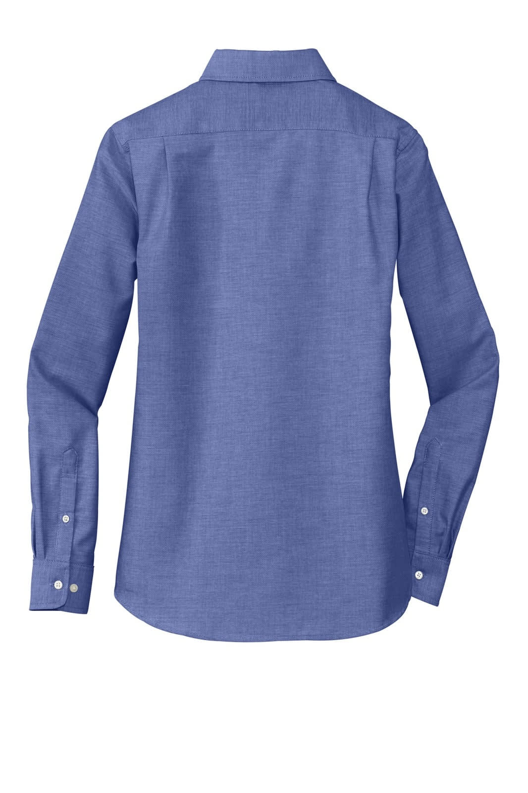 A button-up shirt in blue, featuring long sleeves and a collar, with a logo on the back.