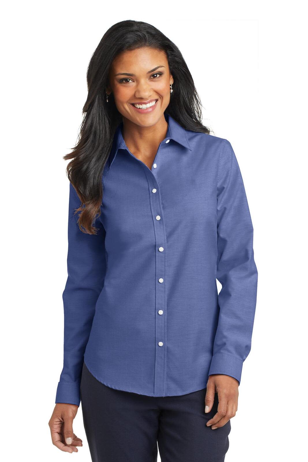 A blue button-up shirt designed for women, featuring a collar and a branded logo.