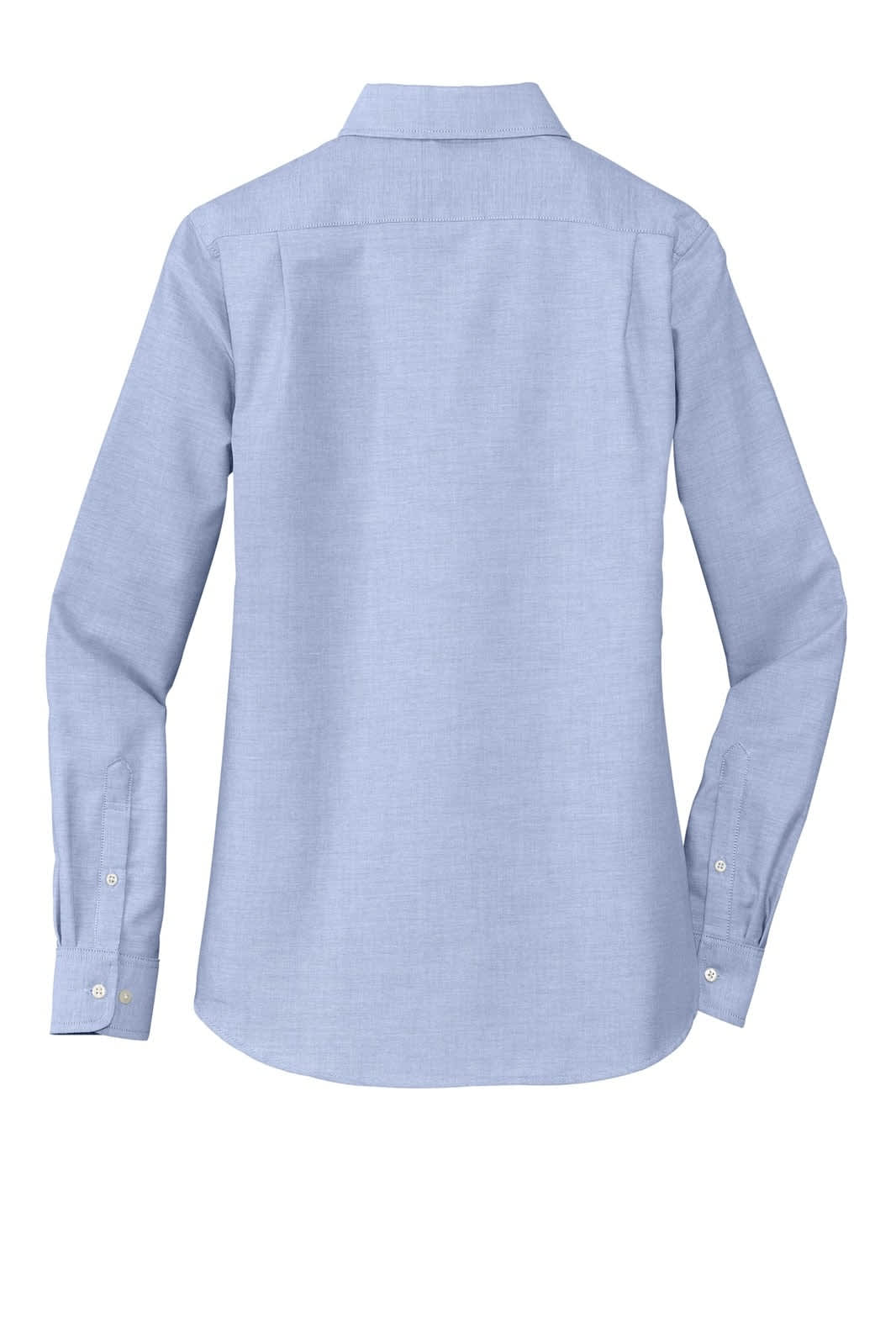 A back view of a ladies' button-up shirt in light blue, featuring long sleeves and a collar. It has a logo.