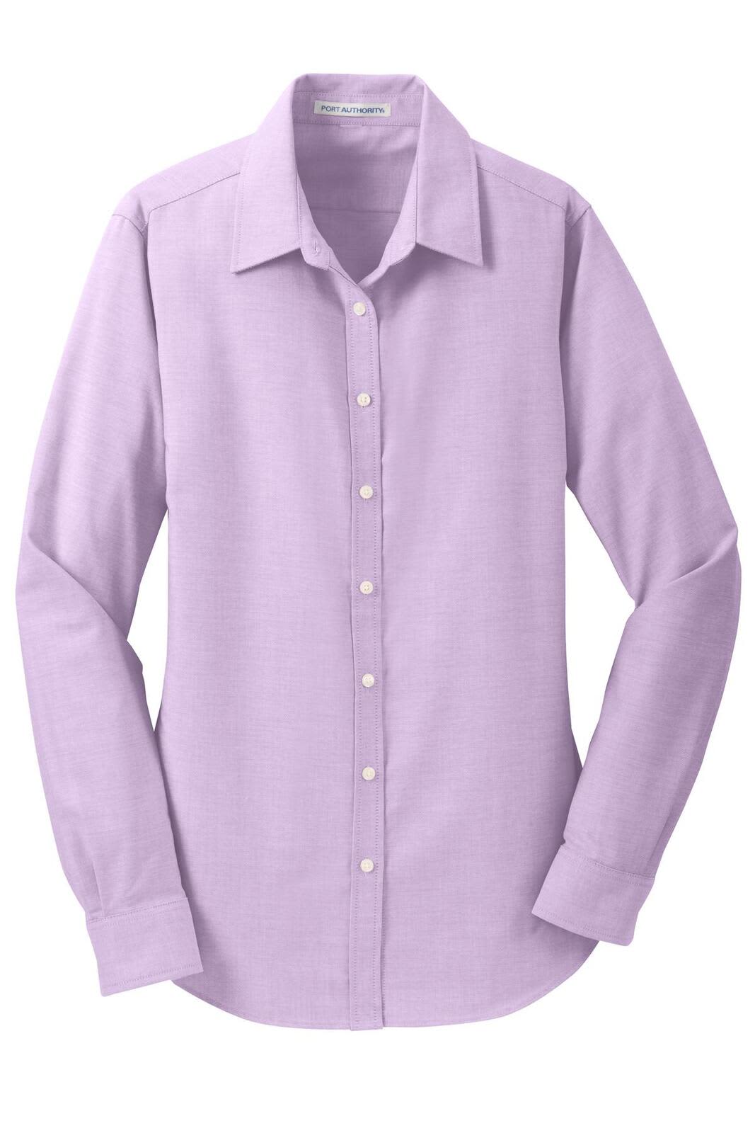 A light purple button-up shirt with long sleeves and a collar, featuring a logo on the chest.