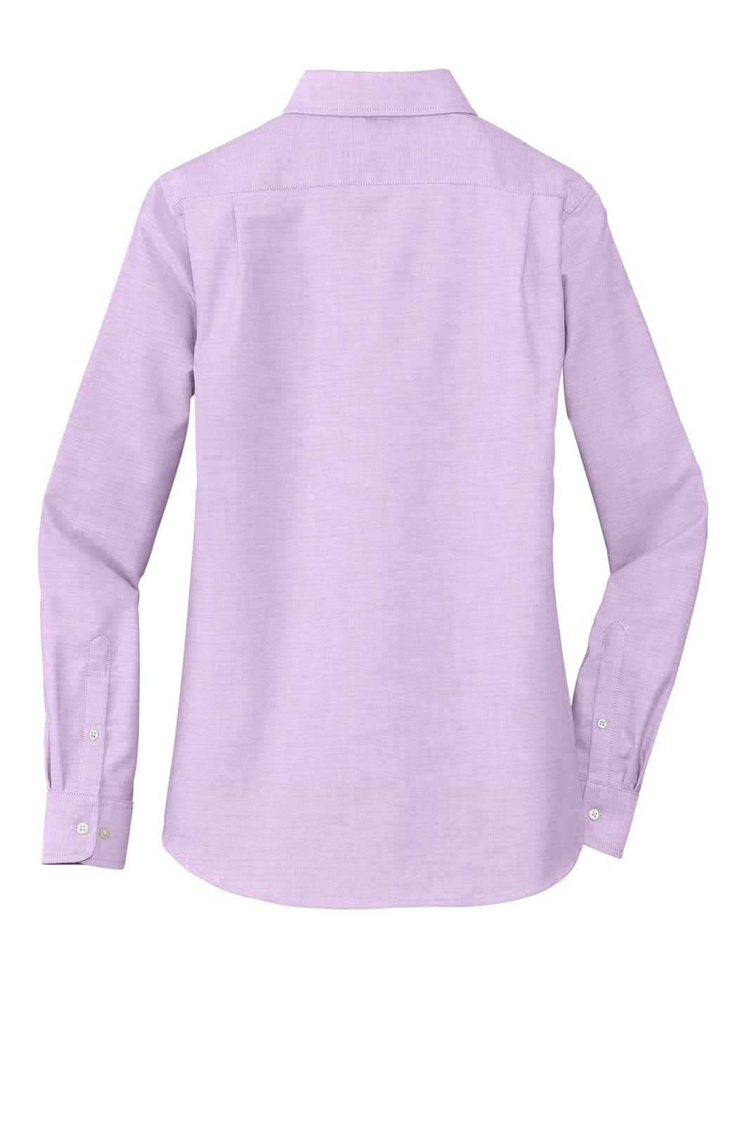 A lavender button-up shirt with long sleeves and a collar, featuring a logo on the back.