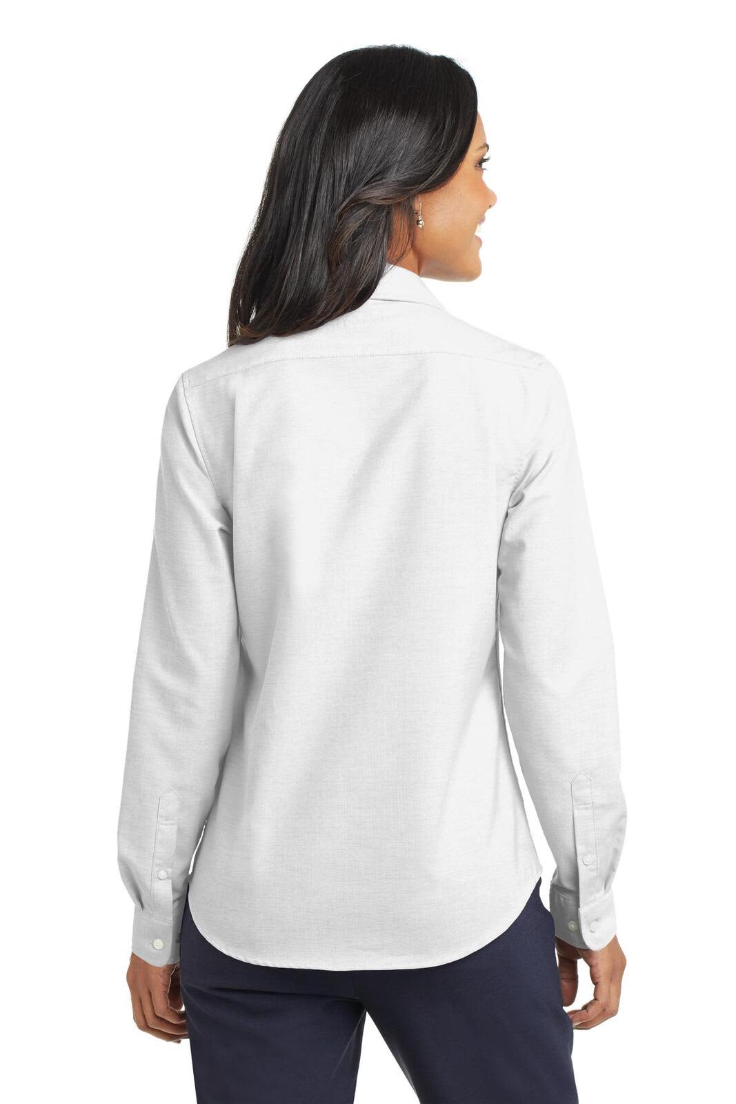 A white ladies' button-up Oxford shirt, featuring a collar and long sleeves, with a logo on the back.