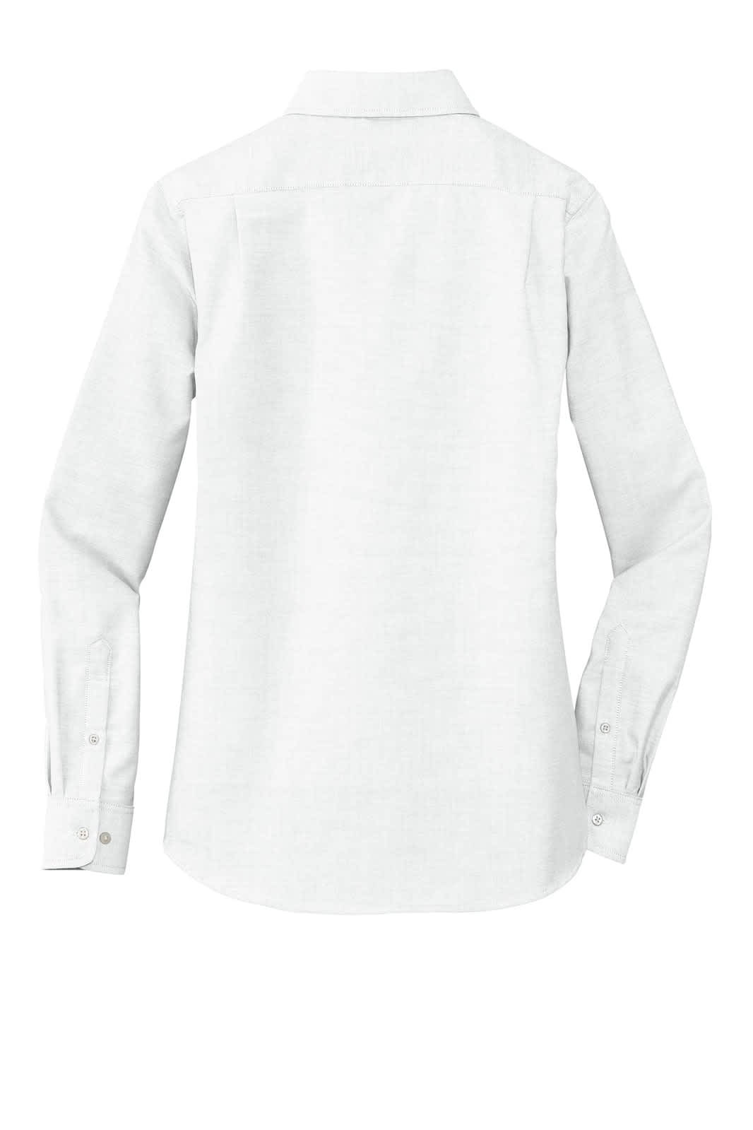 A white ladies' button-up Oxford shirt with long sleeves and a back collar. Features a logo.