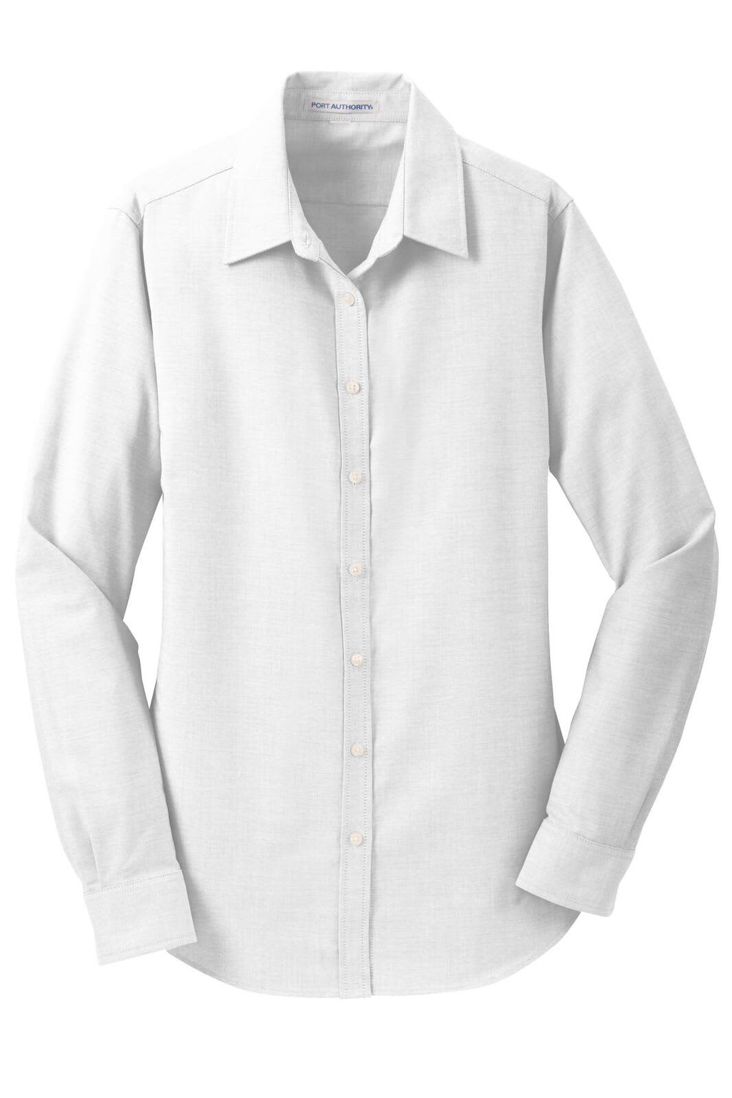 A button-up shirt in white with a collared neckline and long sleeves, featuring a logo.