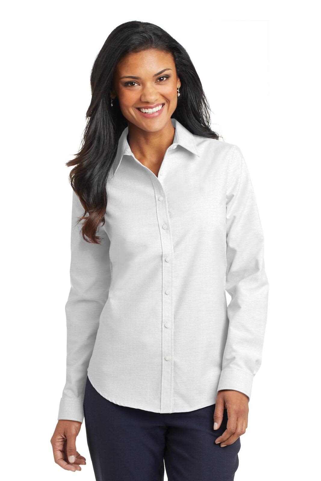A white button-up shirt with long sleeves and a collar, featuring a logo on the chest.
