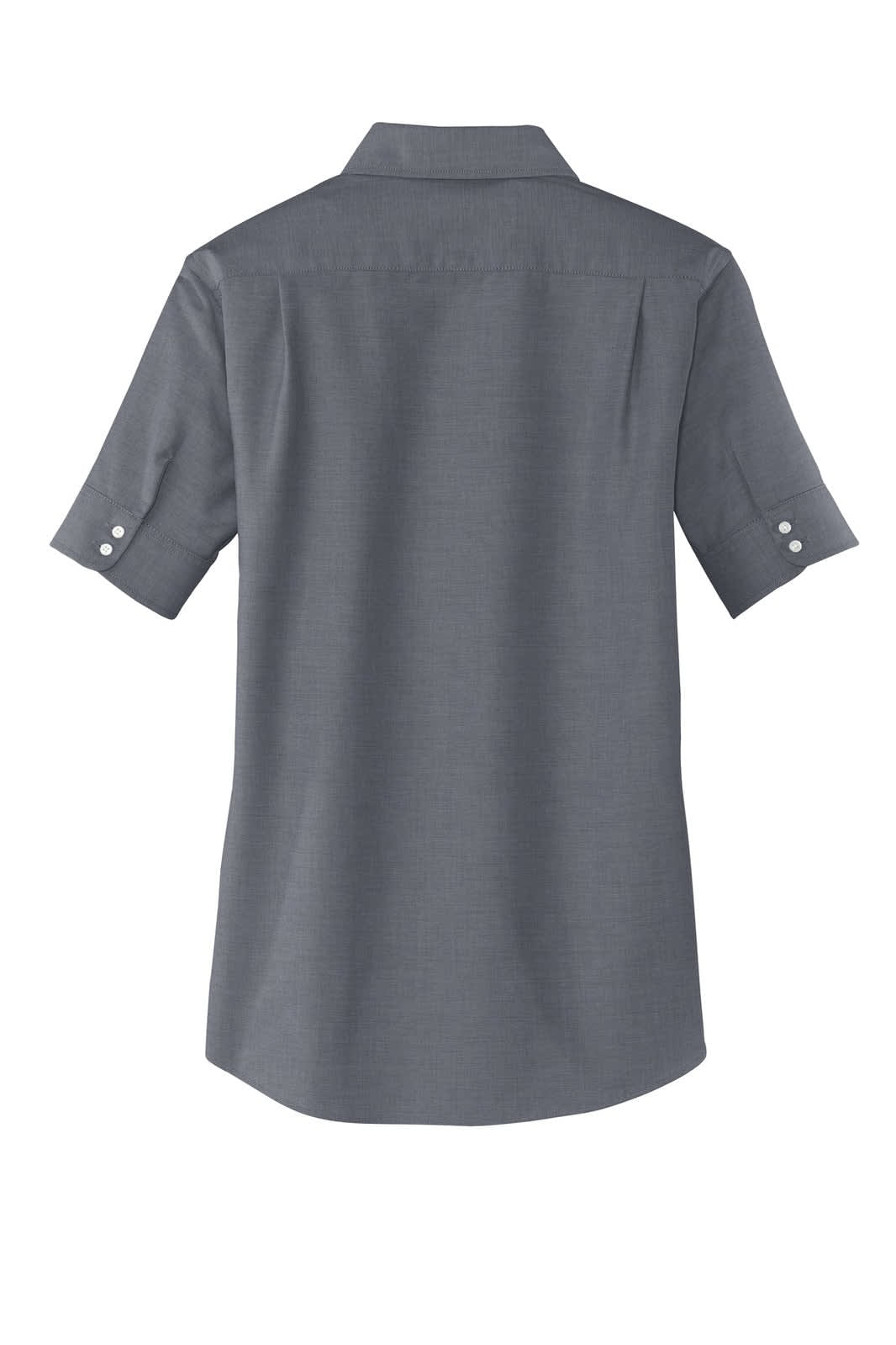 A grey short sleeve button-up shirt with a back yoke and roll-up sleeves. It features a logo on the front.