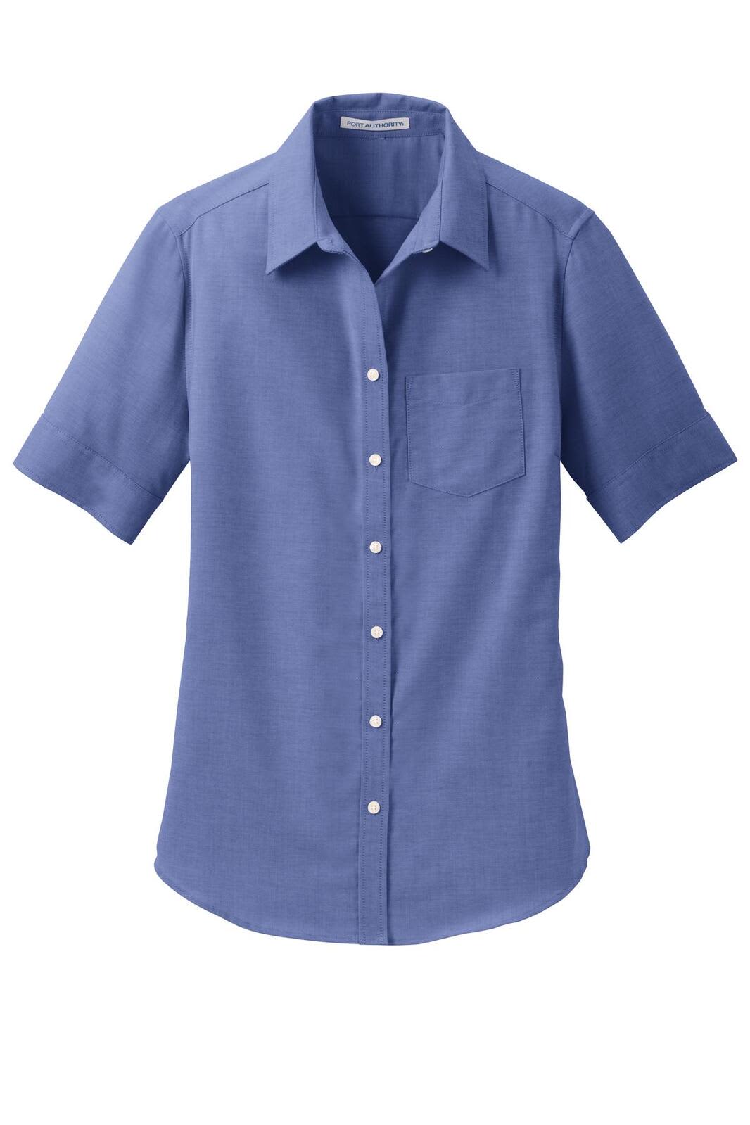 A blue short sleeve button-up shirt with a pocket and a logo.
