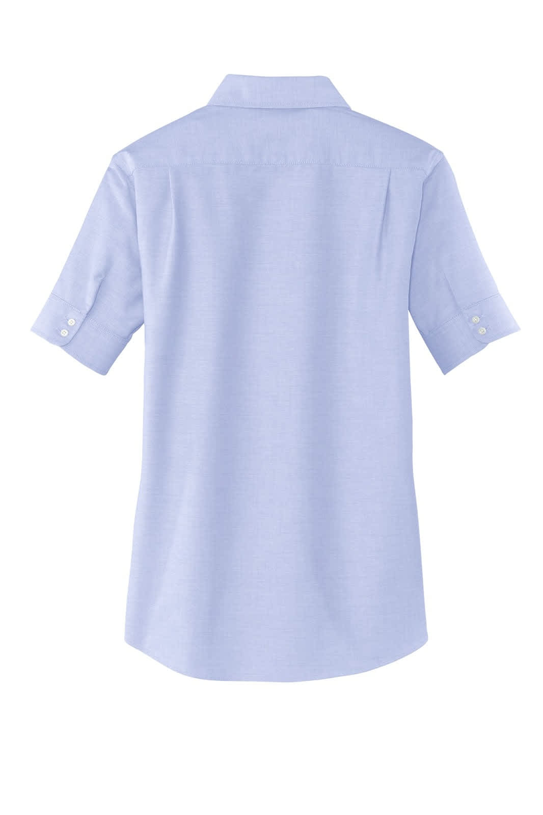 A light blue ladies' short sleeve button-up shirt with a collar and a back yoke, featuring a logo.