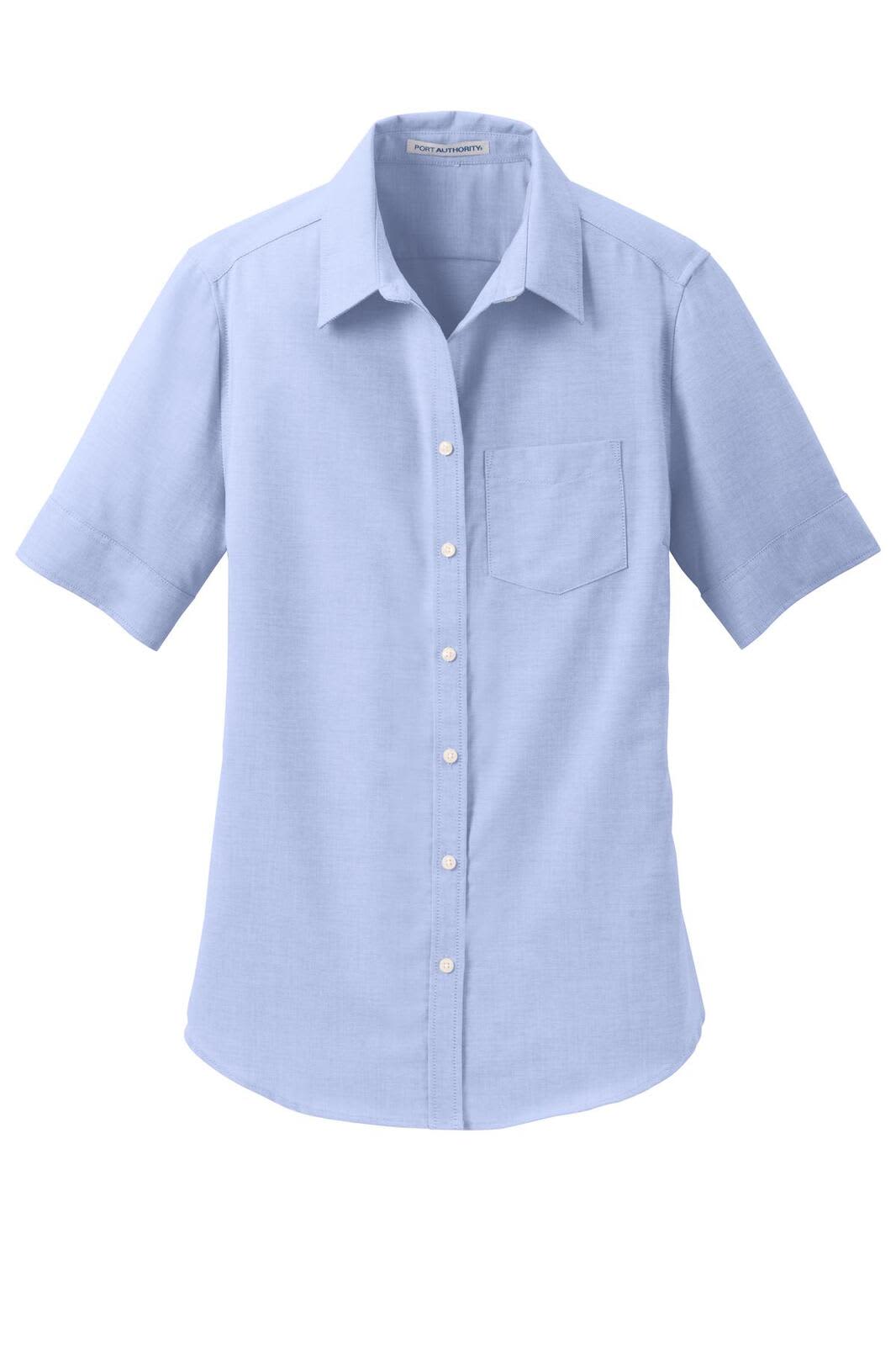 A light blue short sleeve button-up shirt with a pocket and a logo.