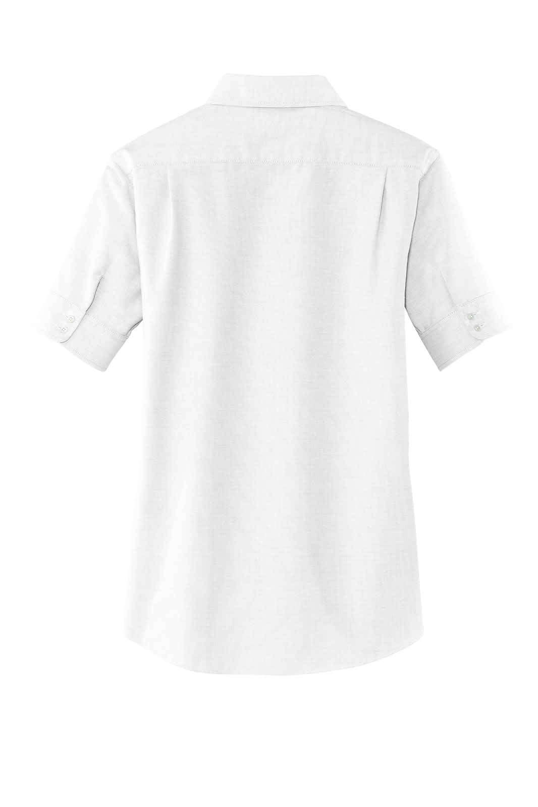 A white short sleeve button-up shirt with a collar and back pleats, featuring a logo.