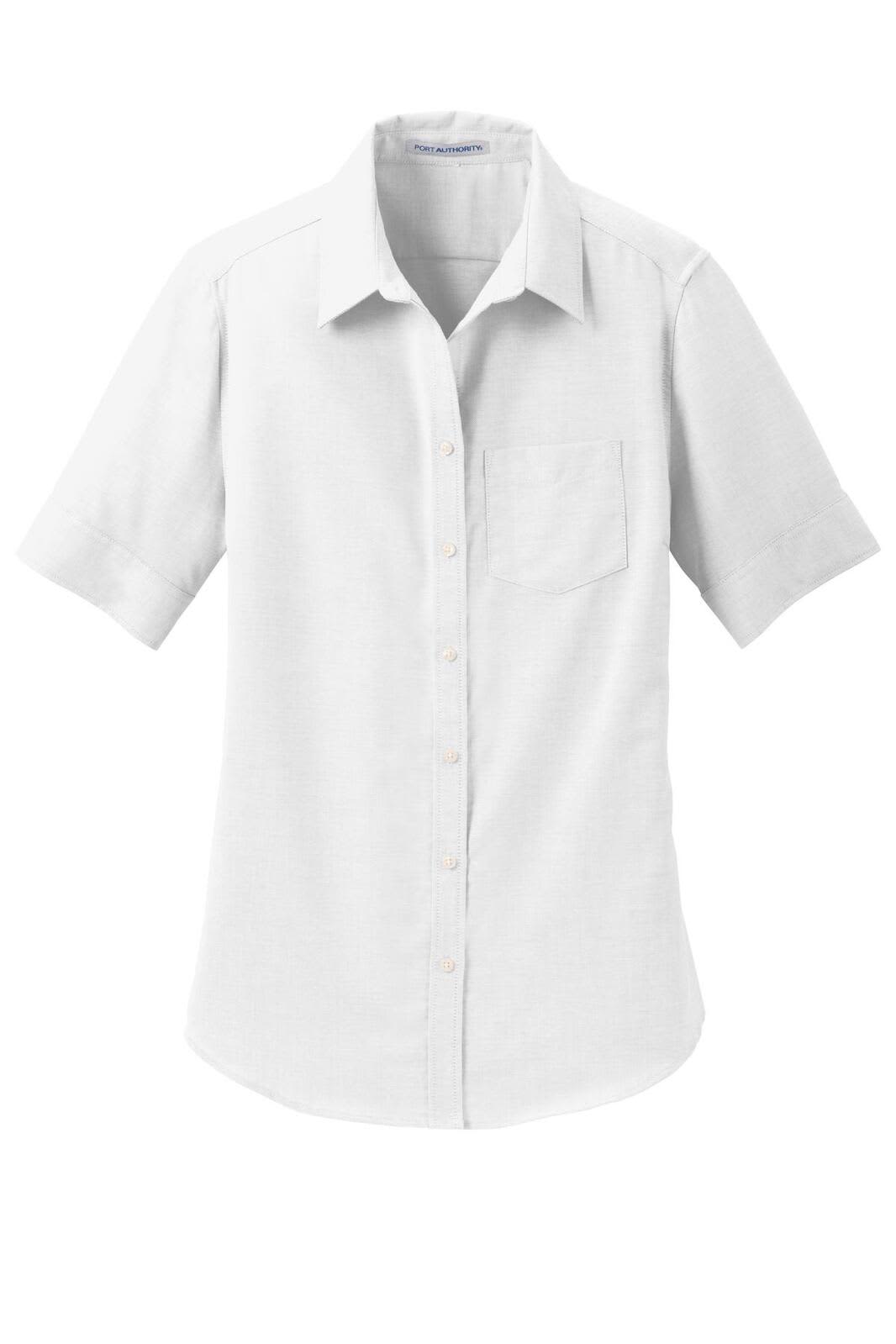 A white short sleeve button-up shirt with a pocket and a logo on the chest.