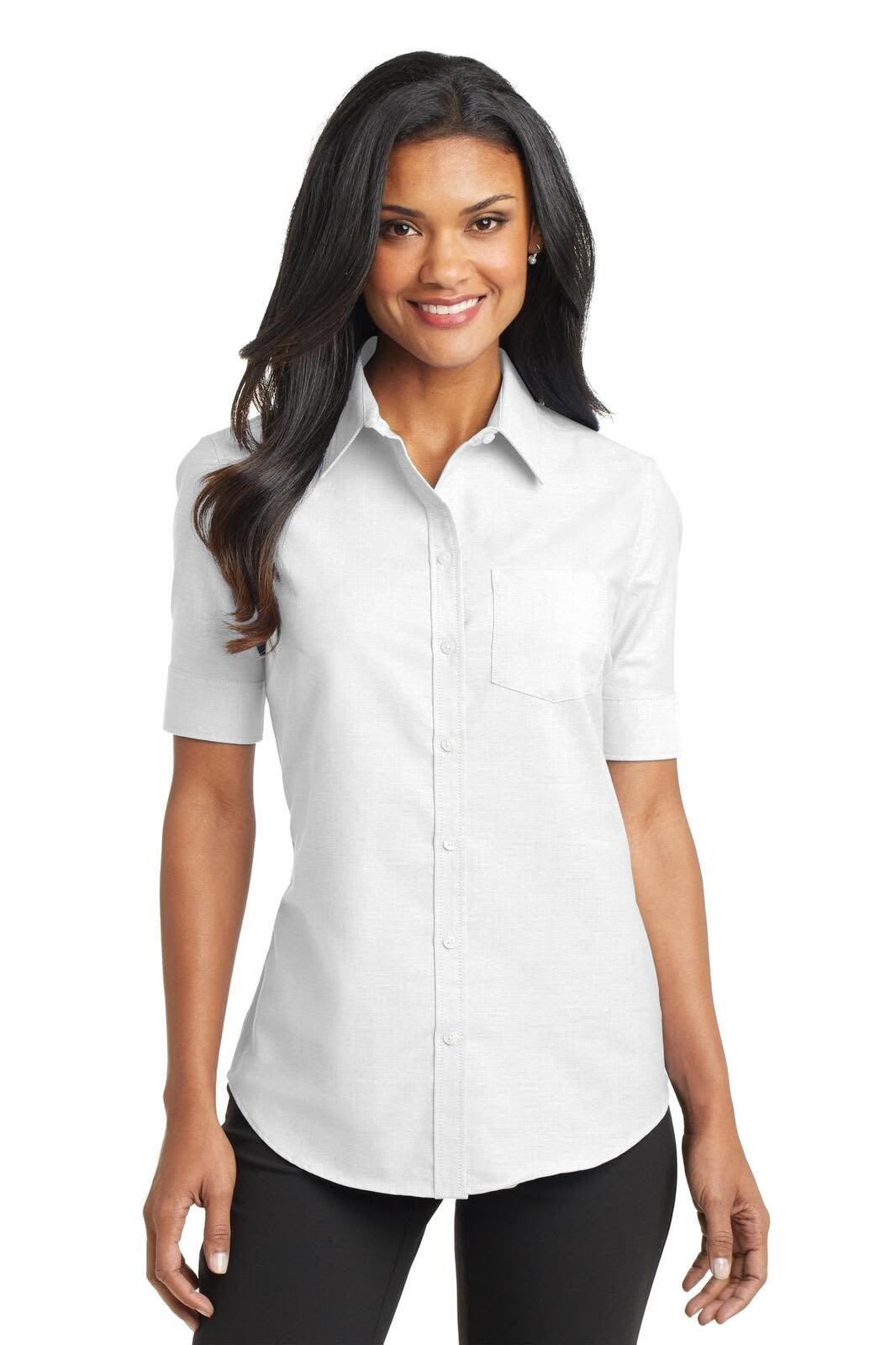 A white ladies' short sleeve button-up shirt features a pocket and has a logo on it.