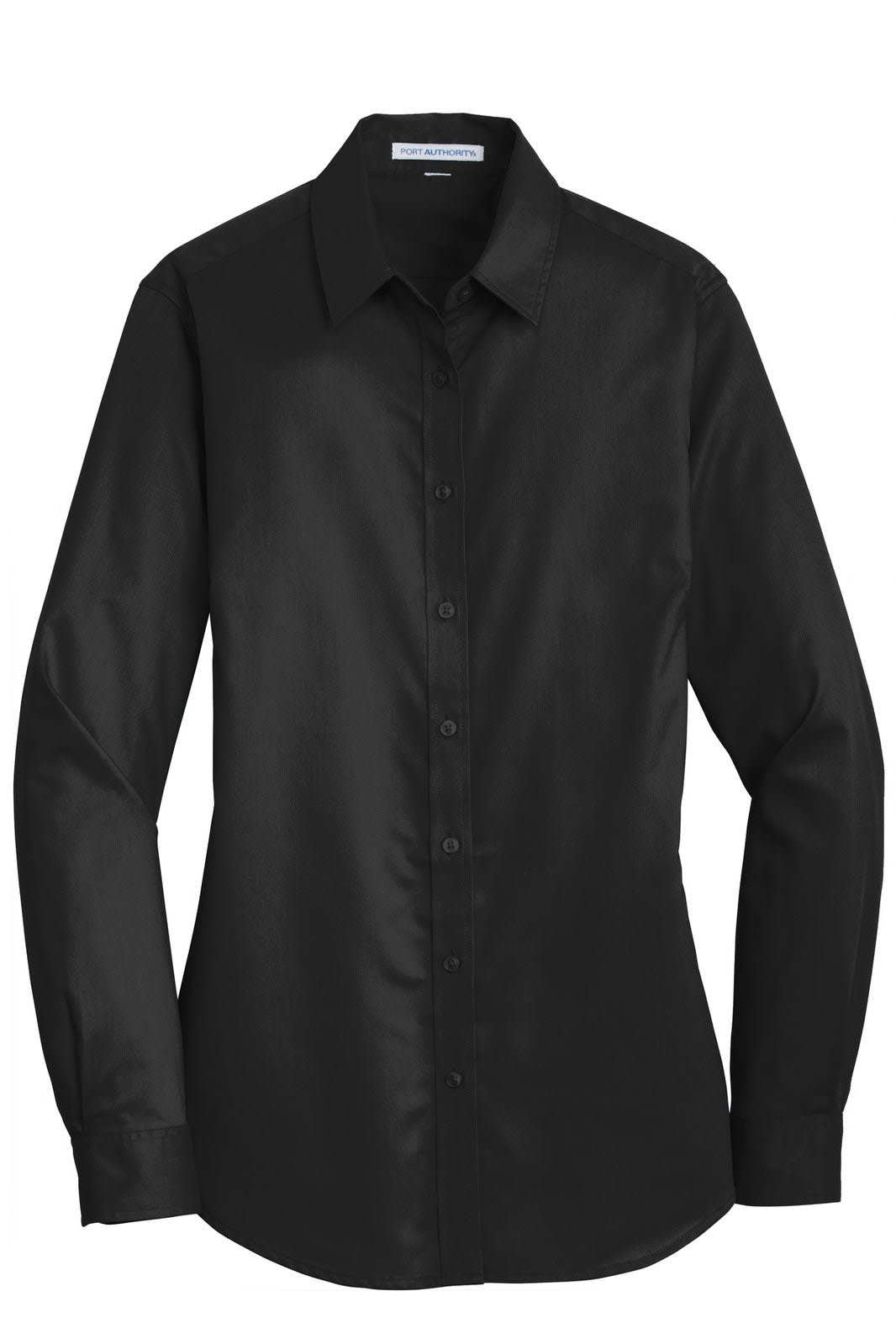 A black button-up ladies' shirt with a smooth finish and long sleeves, featuring a collar and buttons down the front.