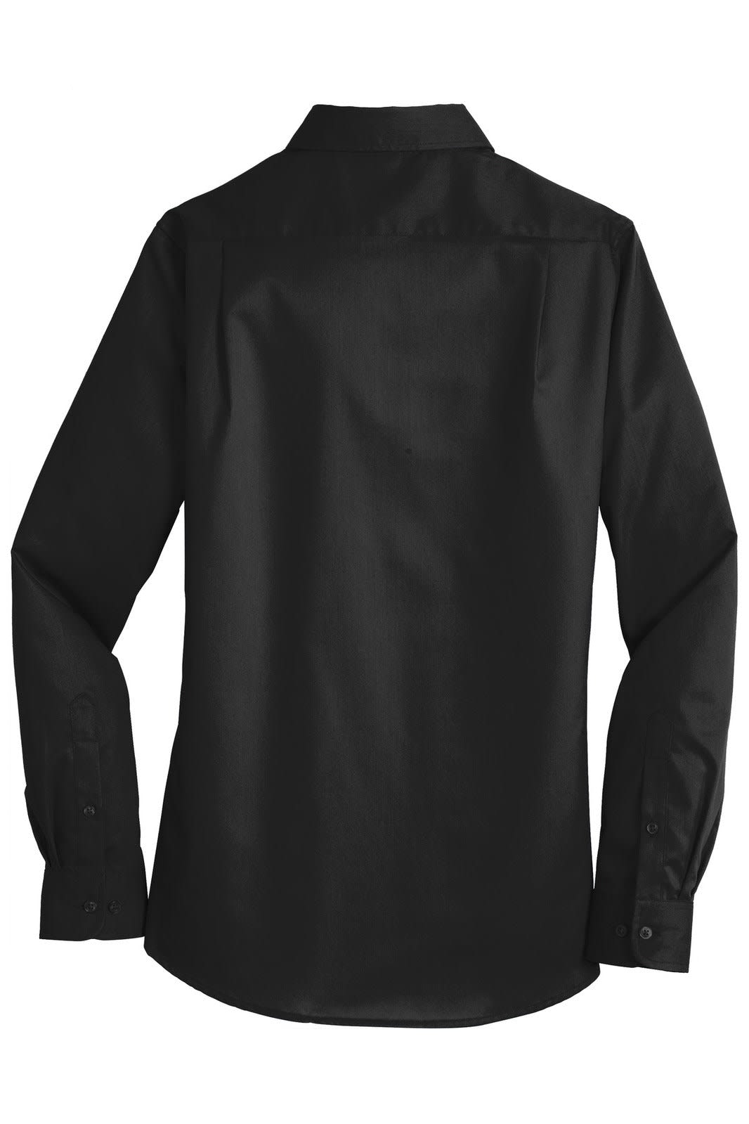 A black button-up shirt with long sleeves and a collar, featuring a logo.