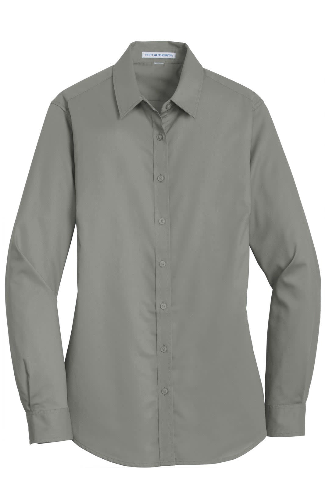 A light grey button-up shirt with long sleeves and a collar. It features a logo on the design.