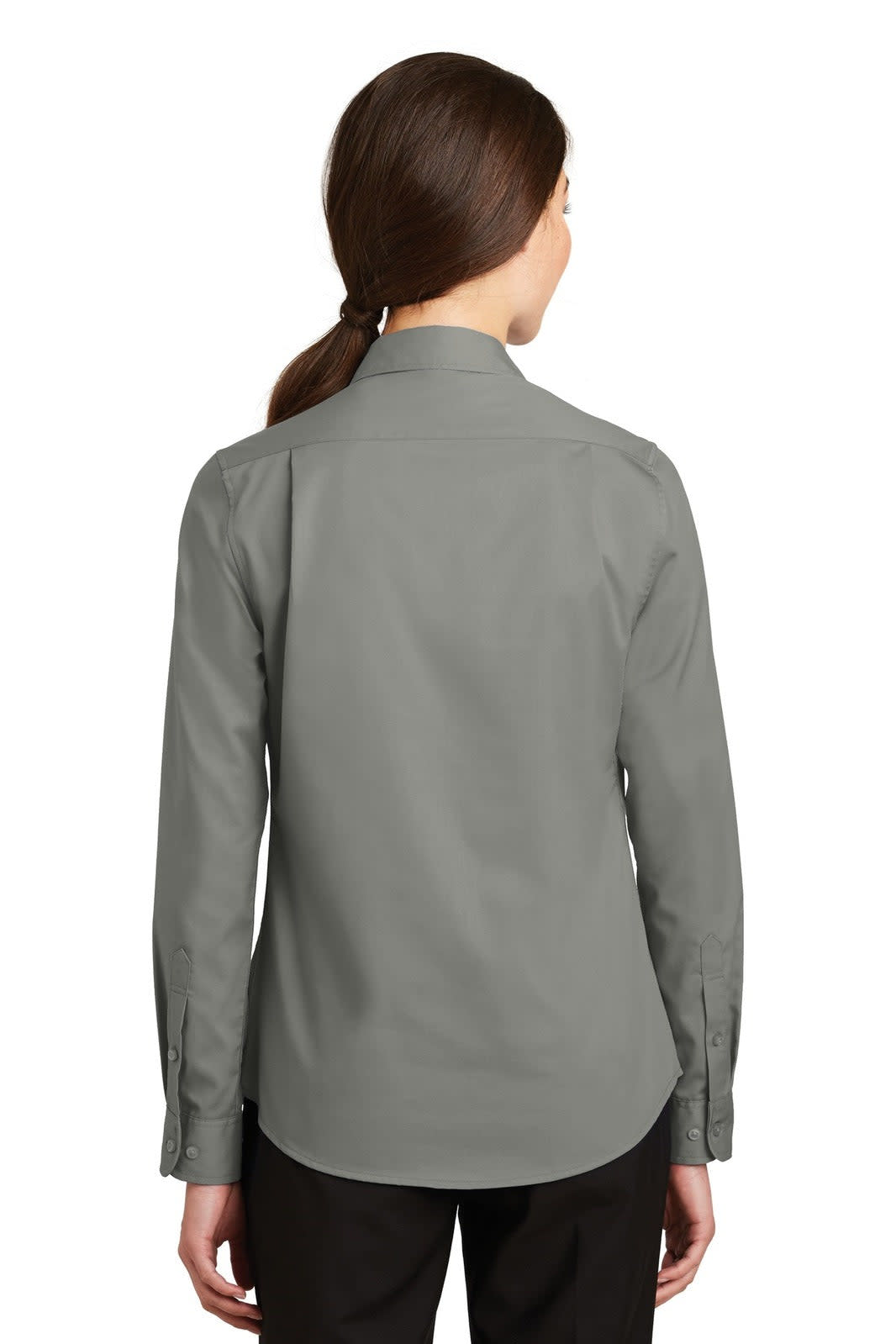 A back view of a ladies' button-up shirt in grey, featuring long sleeves and a collar. The shirt has a logo.