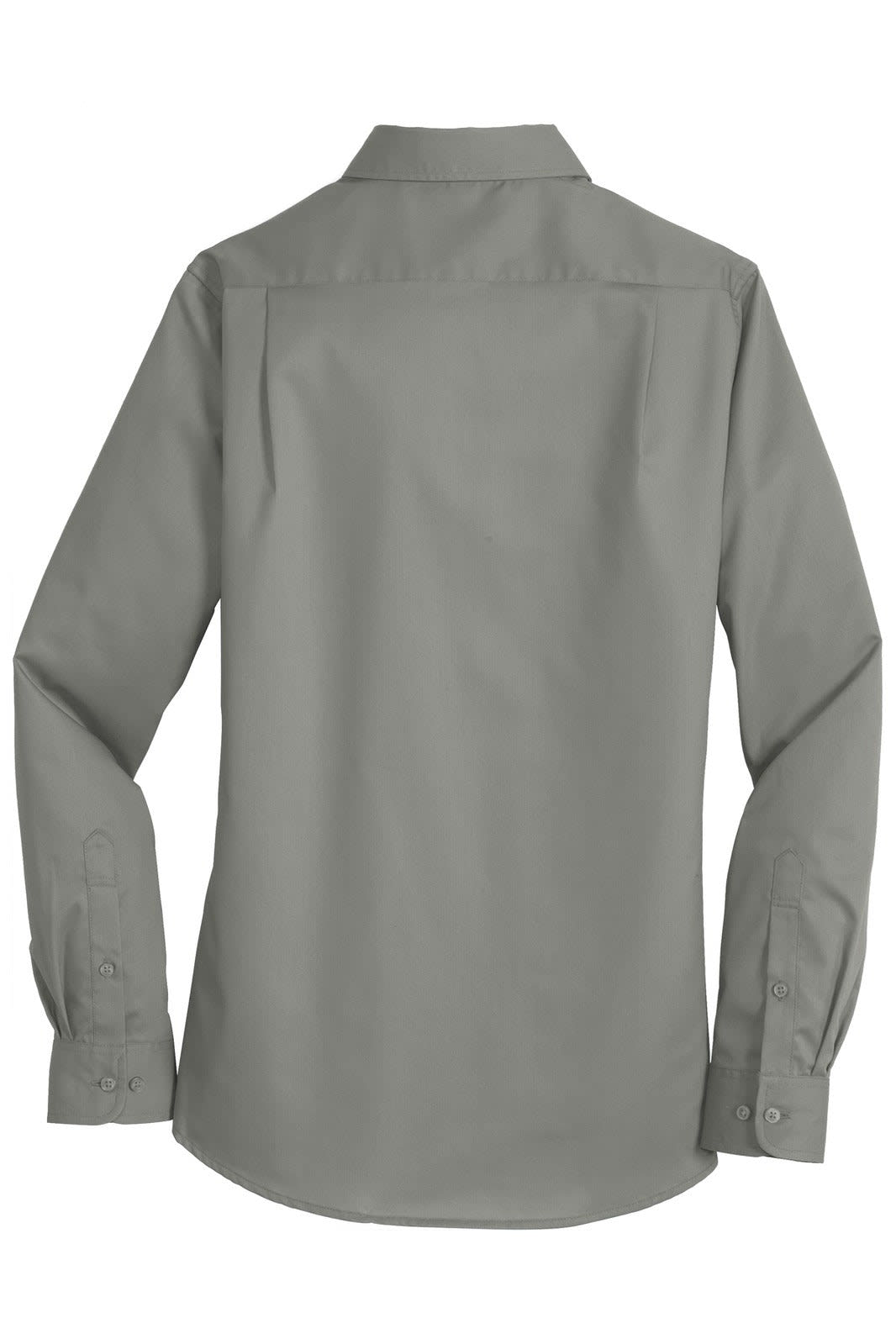 A grey button-up shirt with long sleeves and a back yoke. It features a collar and button cuffs.