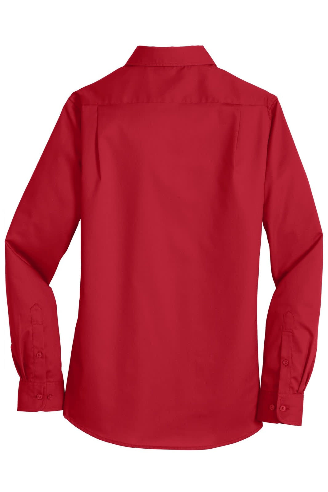 A red button-up shirt with long sleeves and a back collar, featuring a logo on the fabric.