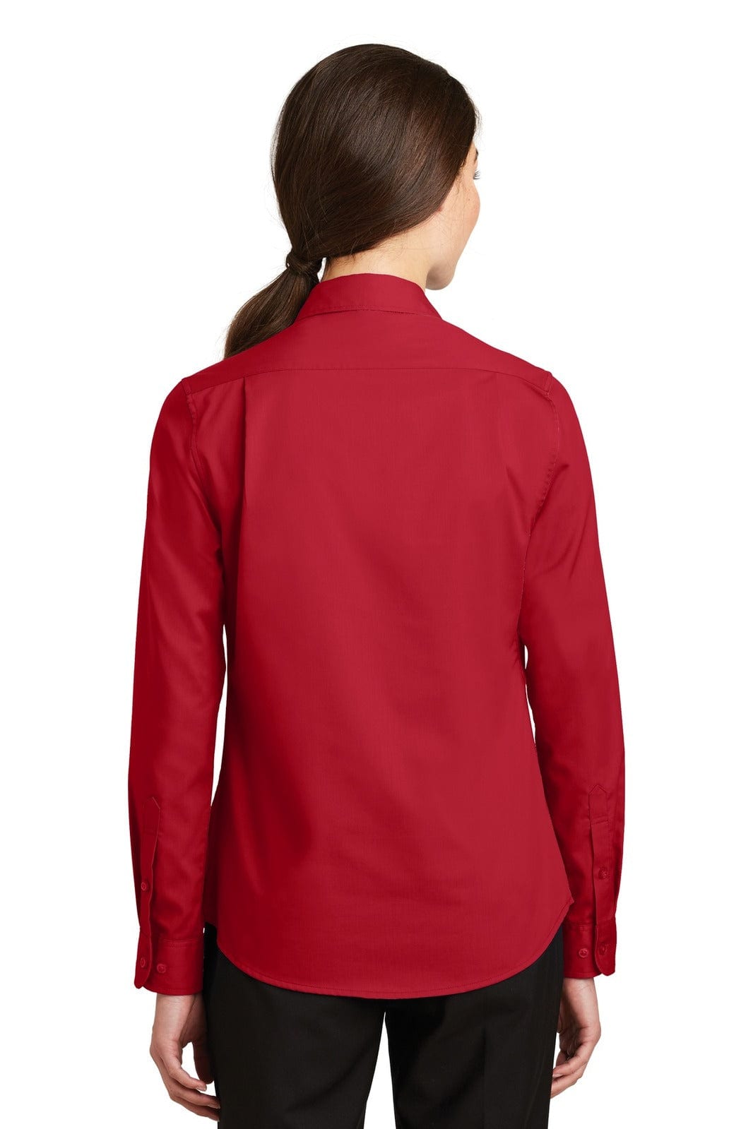 A red button-up shirt with long sleeves and a collar, featuring a back view and a logo on the upper back.