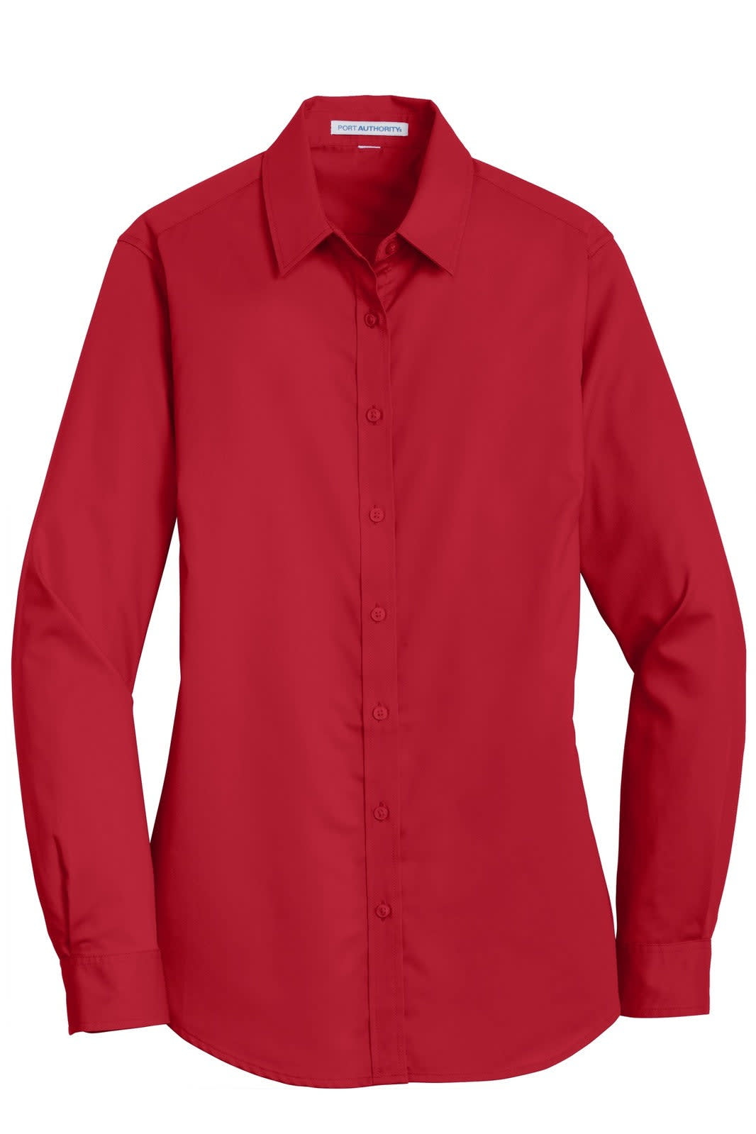 A red Port Authority ladies' button-up shirt with long sleeves and a collar, featuring a branding logo.
