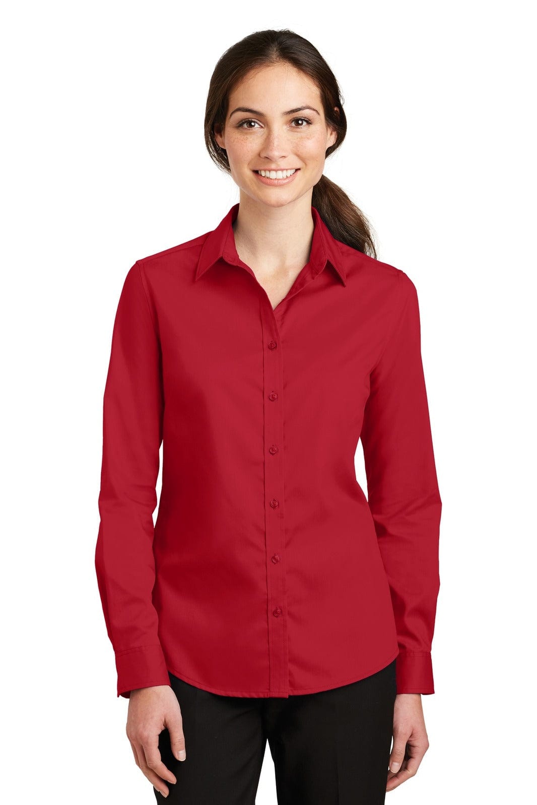 A red button-up shirt for women with long sleeves and a collar, featuring a logo.