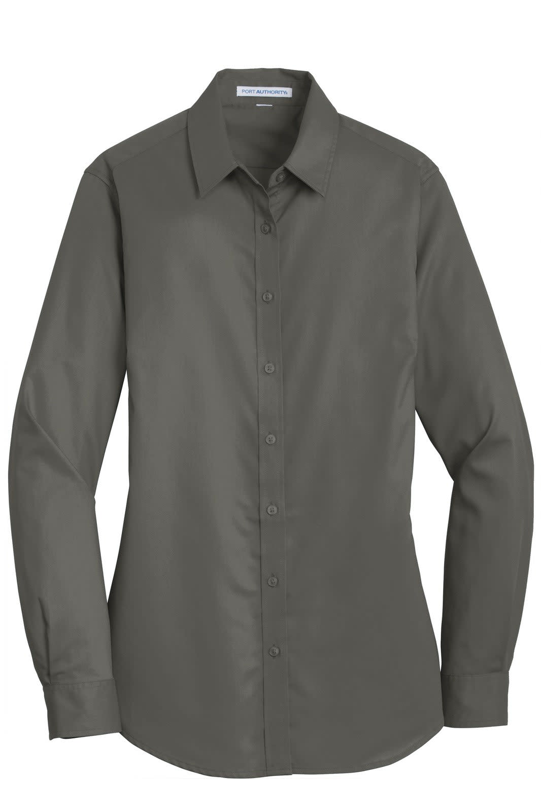 A button-up shirt in a dark grey colour with a collar and long sleeves. Features a logo on the chest.