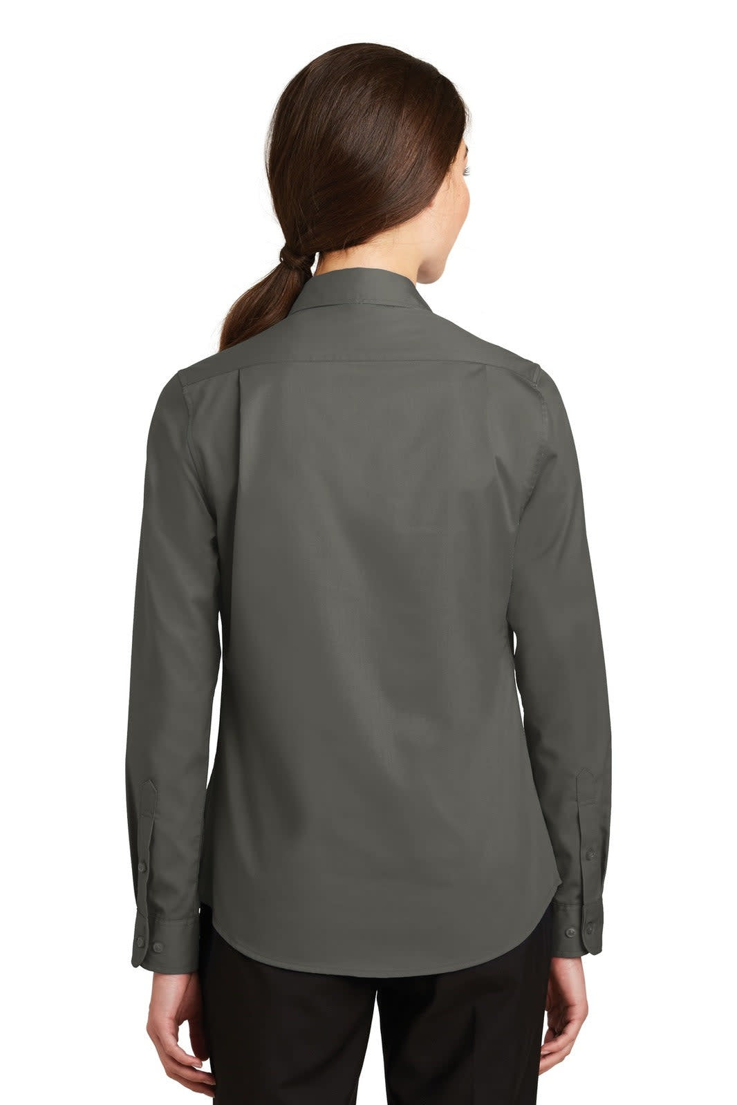 A grey Port Authority Ladies SuperPro Twill Shirt, featuring a back view with long sleeves and a collared design.