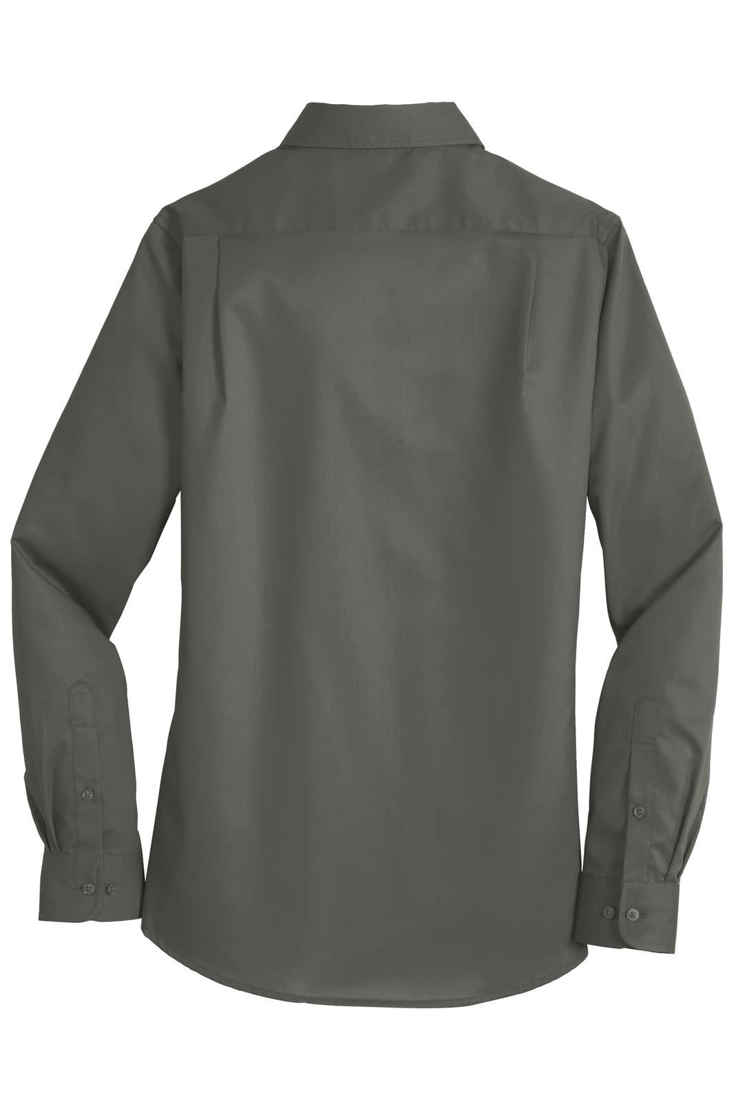 A grey button-up shirt with long sleeves and a collar, featuring a logo on the back.