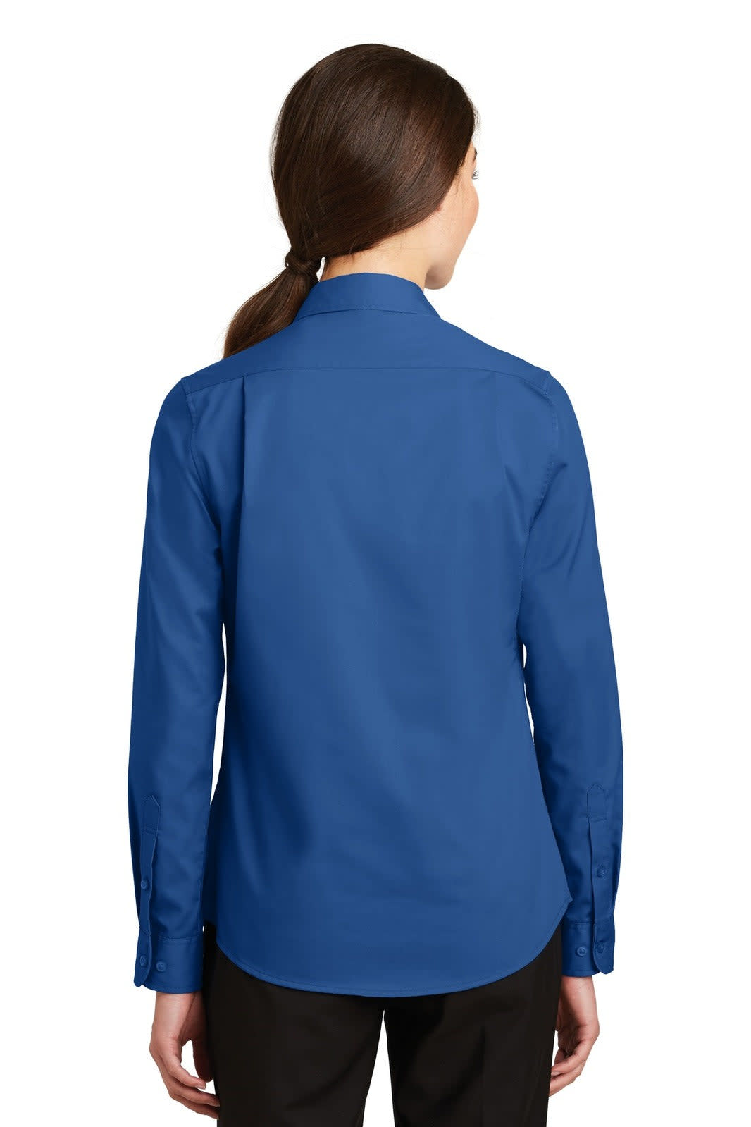 A blue button-up shirt with a collar and long sleeves, featuring a logo on the back.