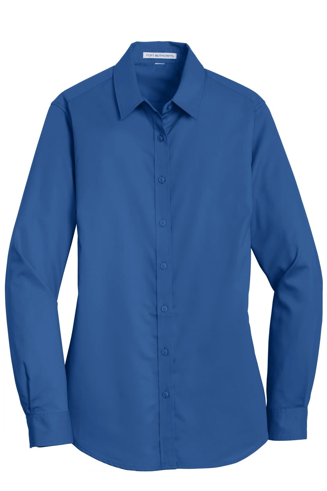 A blue button-up shirt with long sleeves and a collar, featuring a logo.